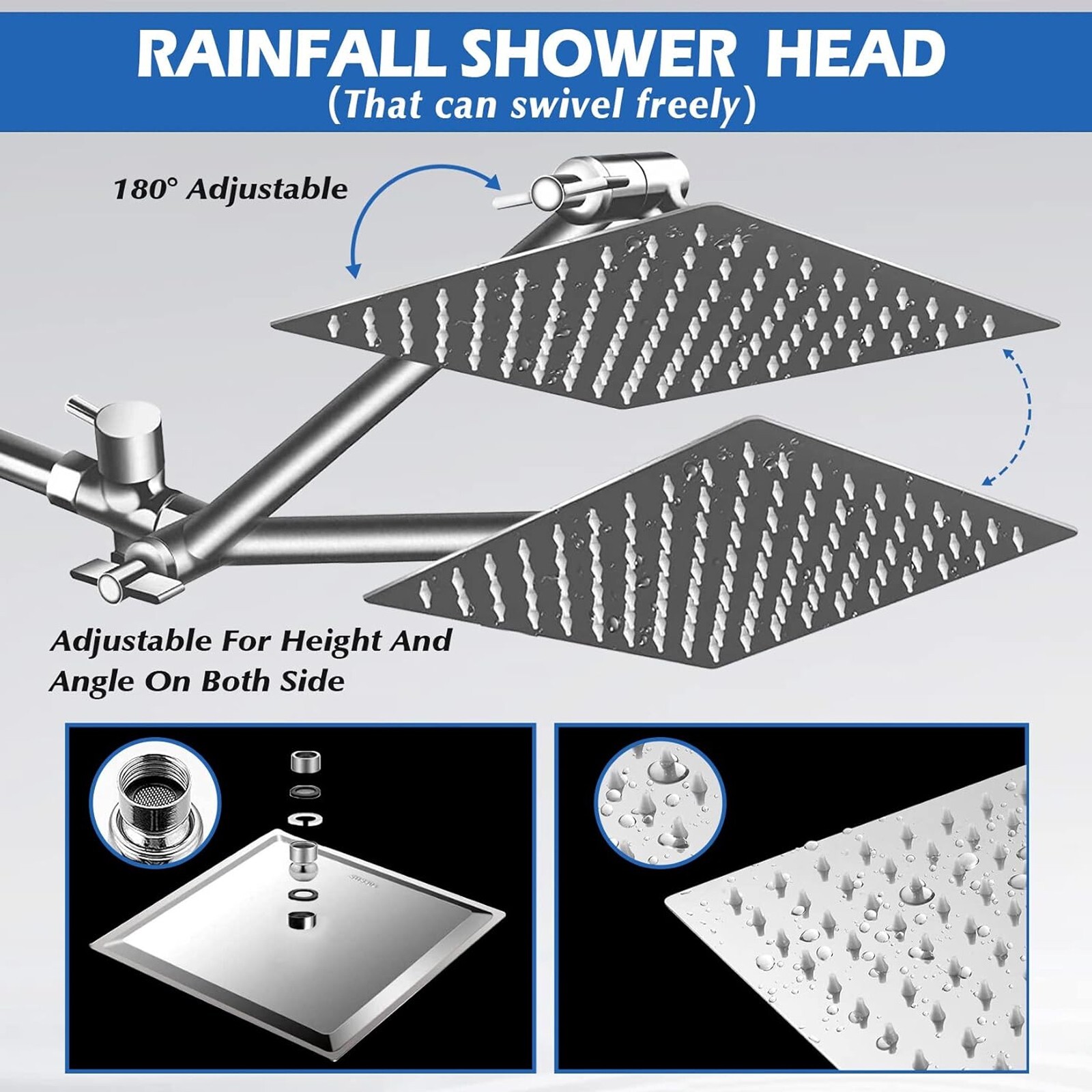 Rain Shower Head w/ Handheld Spray Combo High Pressure Extension Adjustable Arm