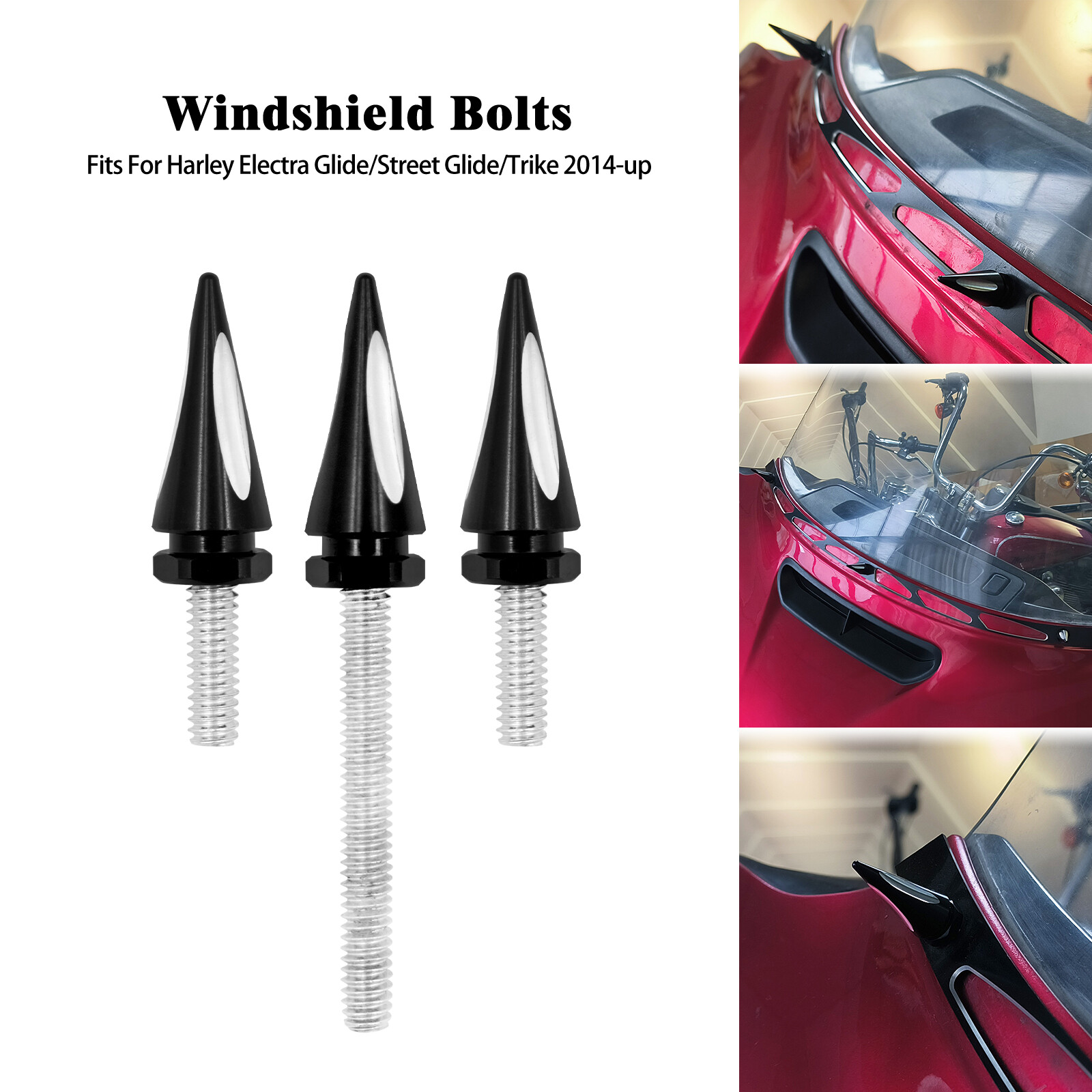 3pcs Black Cut Spike Windshield Trim Bolts For Harley Touring Street Glide 14-23