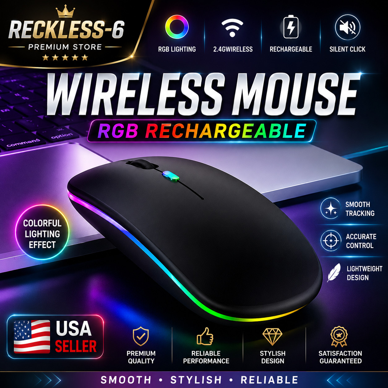RGB Bluetooth Wireless Mouse Rechargeable Ergonomic USB For PC Laptop iPad