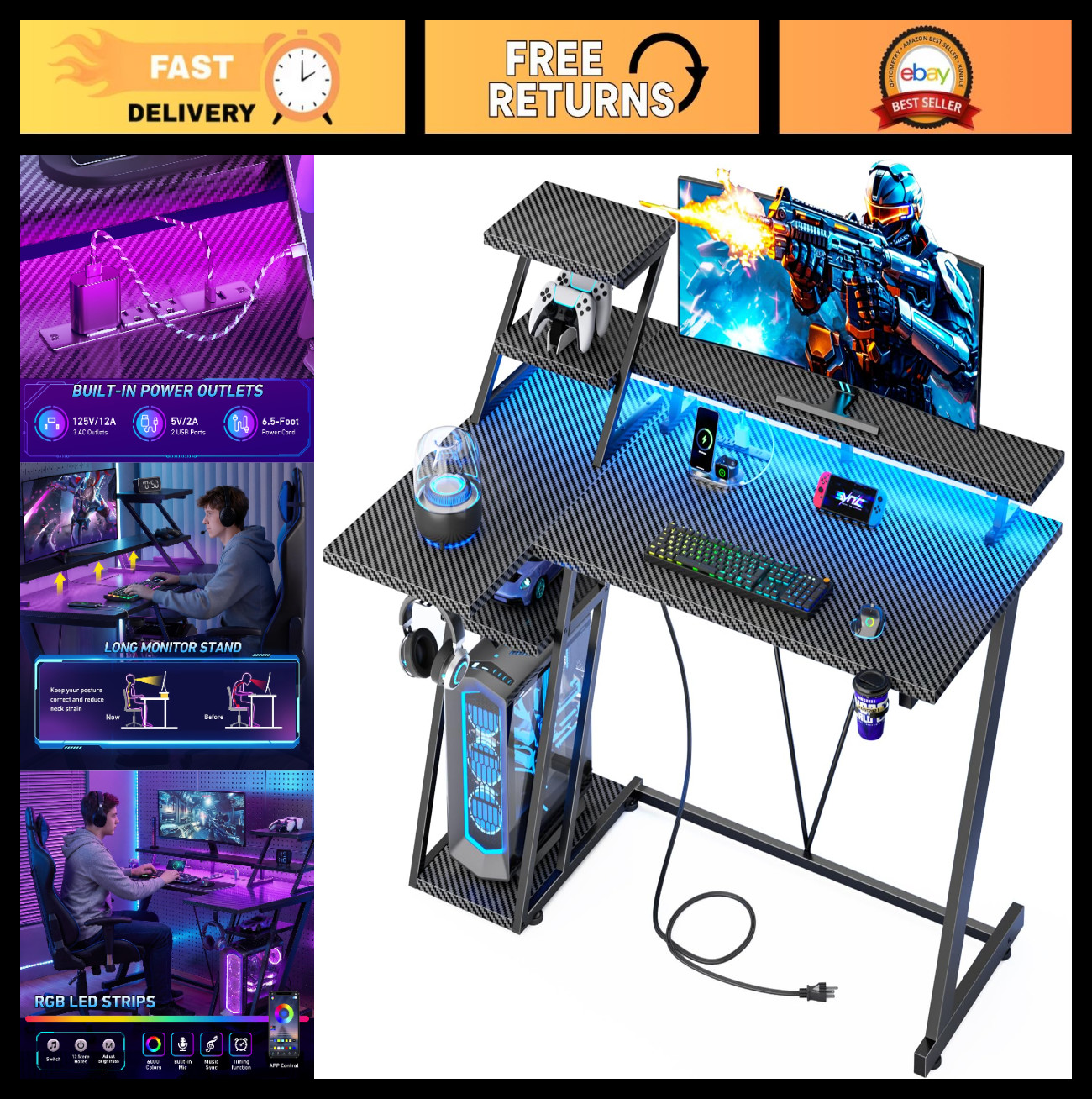 40" L-Shaped Gaming Desk with LED Lights, Power Outlet, Storage Shelves & Monito
