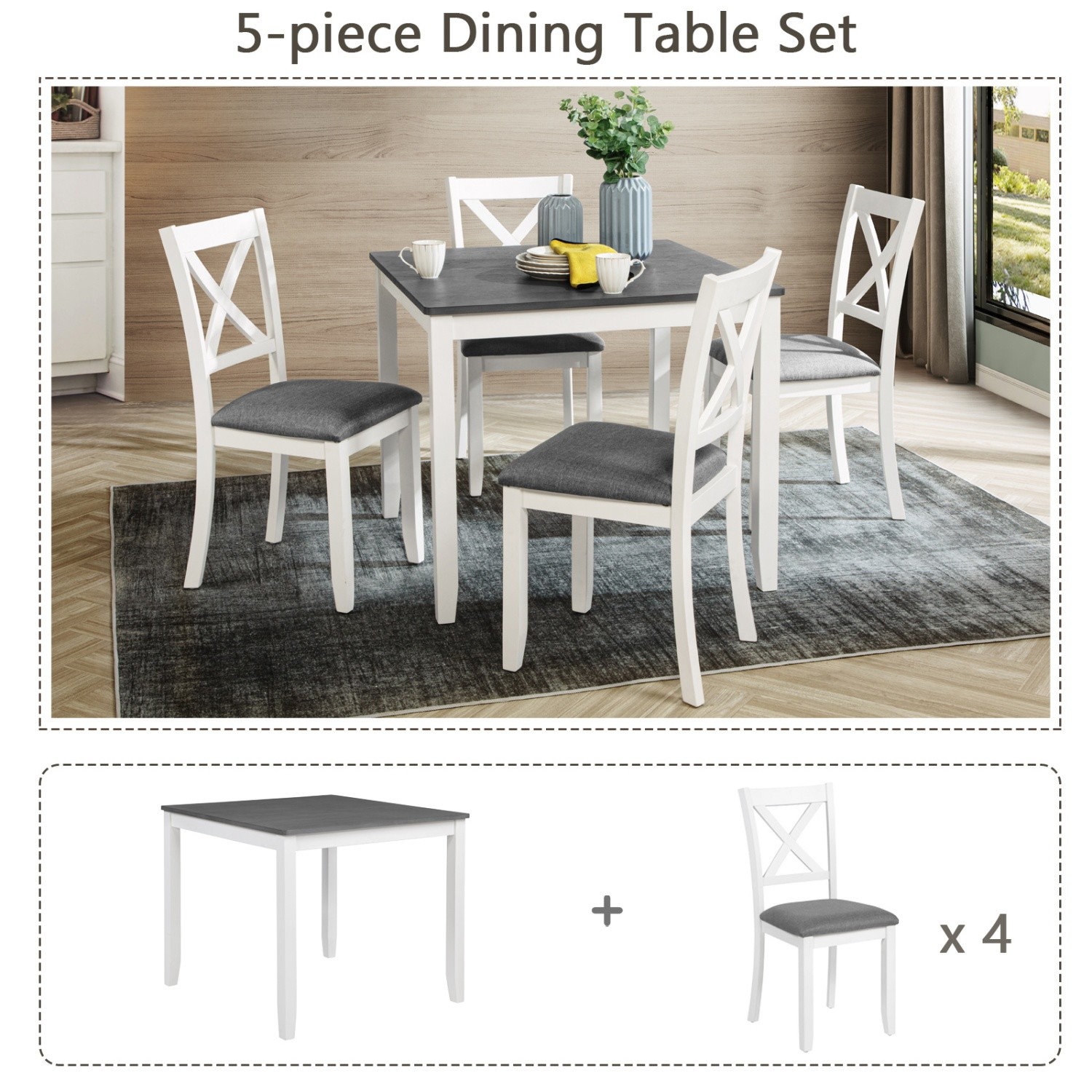 Modern 5 Piece Dining Table Set Wood Square Dining Table & 4 Chairs White & Gray