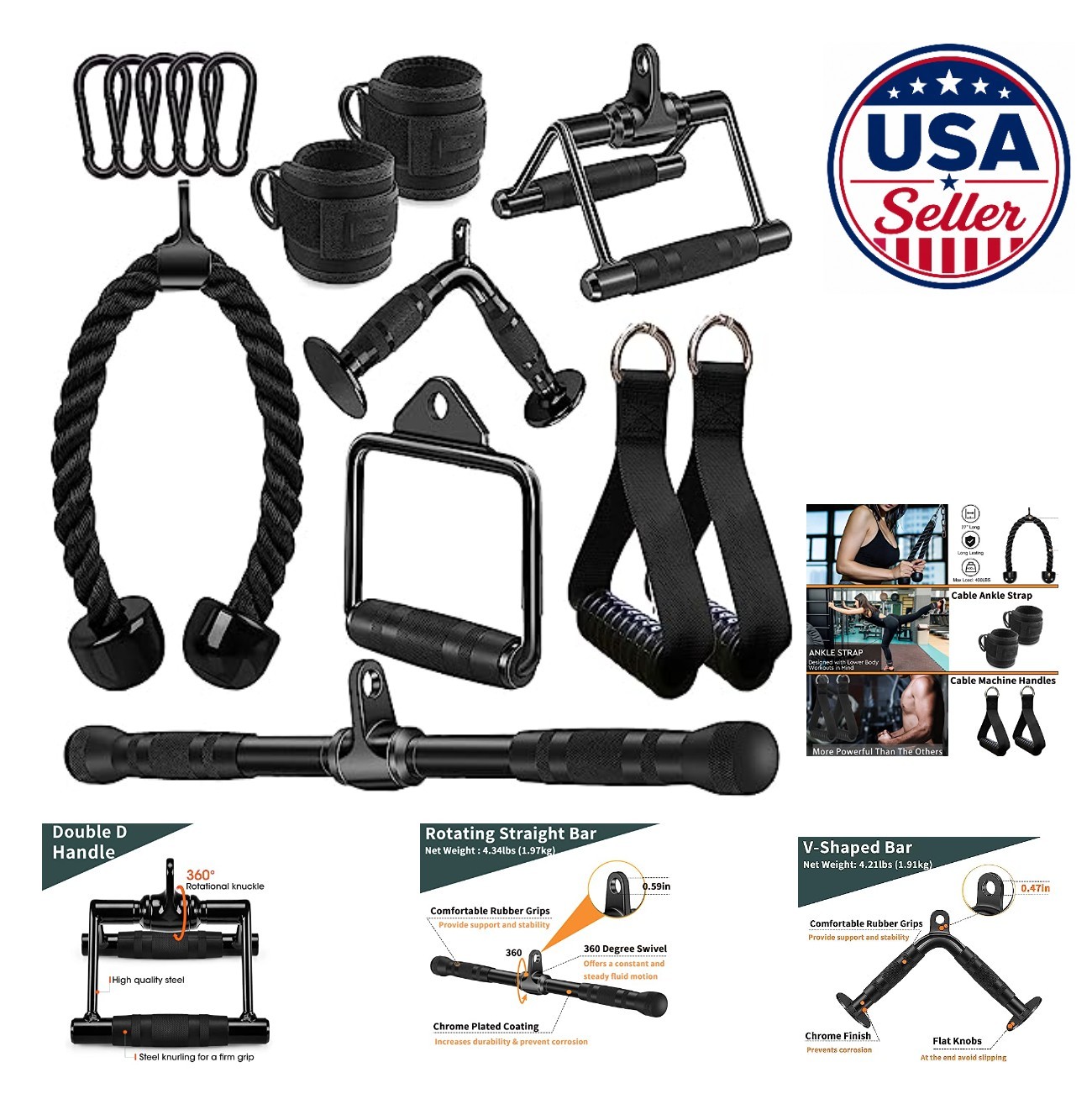 Cable Machine Attachment Set 14 Piece Tricep Rope Lat Pulldown Bar Ankle Straps