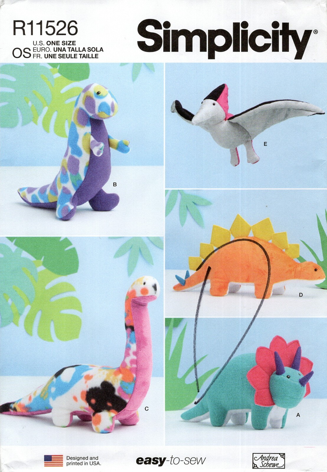 Simplicity R11526 Plush Triceratops, Stegosaurus, Pterodactyl, T-Rex UNCUT S9585