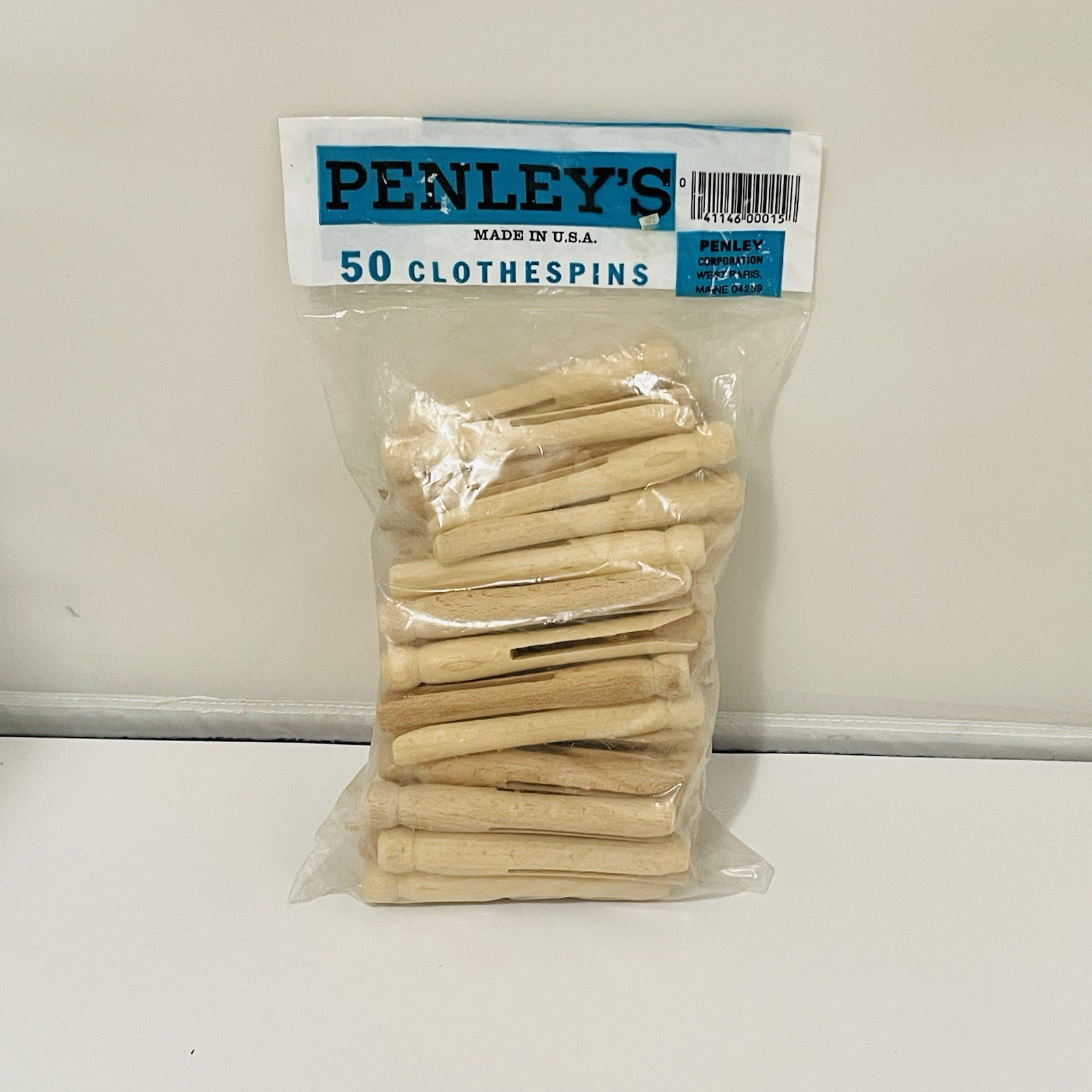 Vintage Penley 4" Wooden Flat Slotted Clothespins 50 Pc. Set Made USA NEW NOS