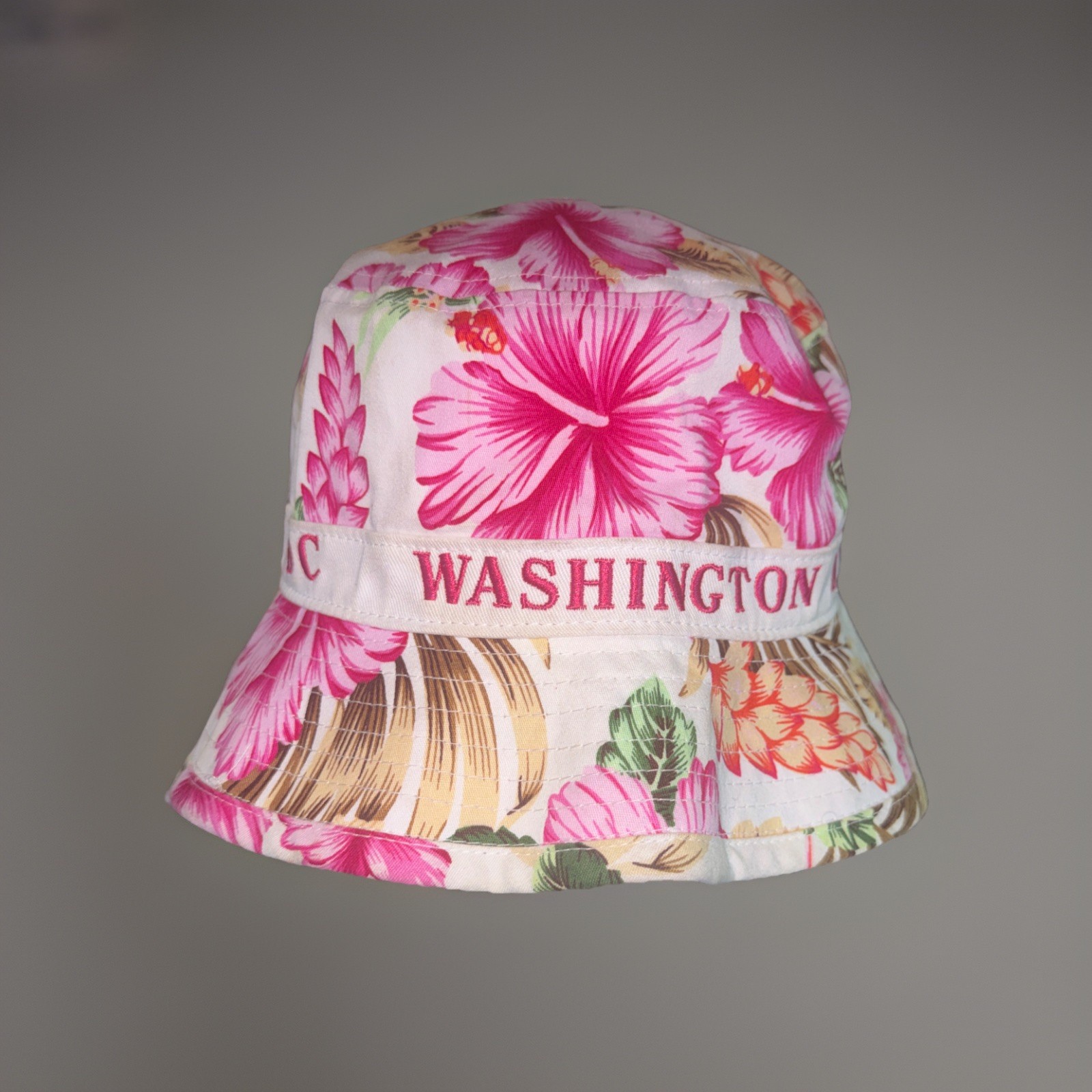 Washington DC Pink & Flowers on White Bucket Hat Cap w Strap Cotton China