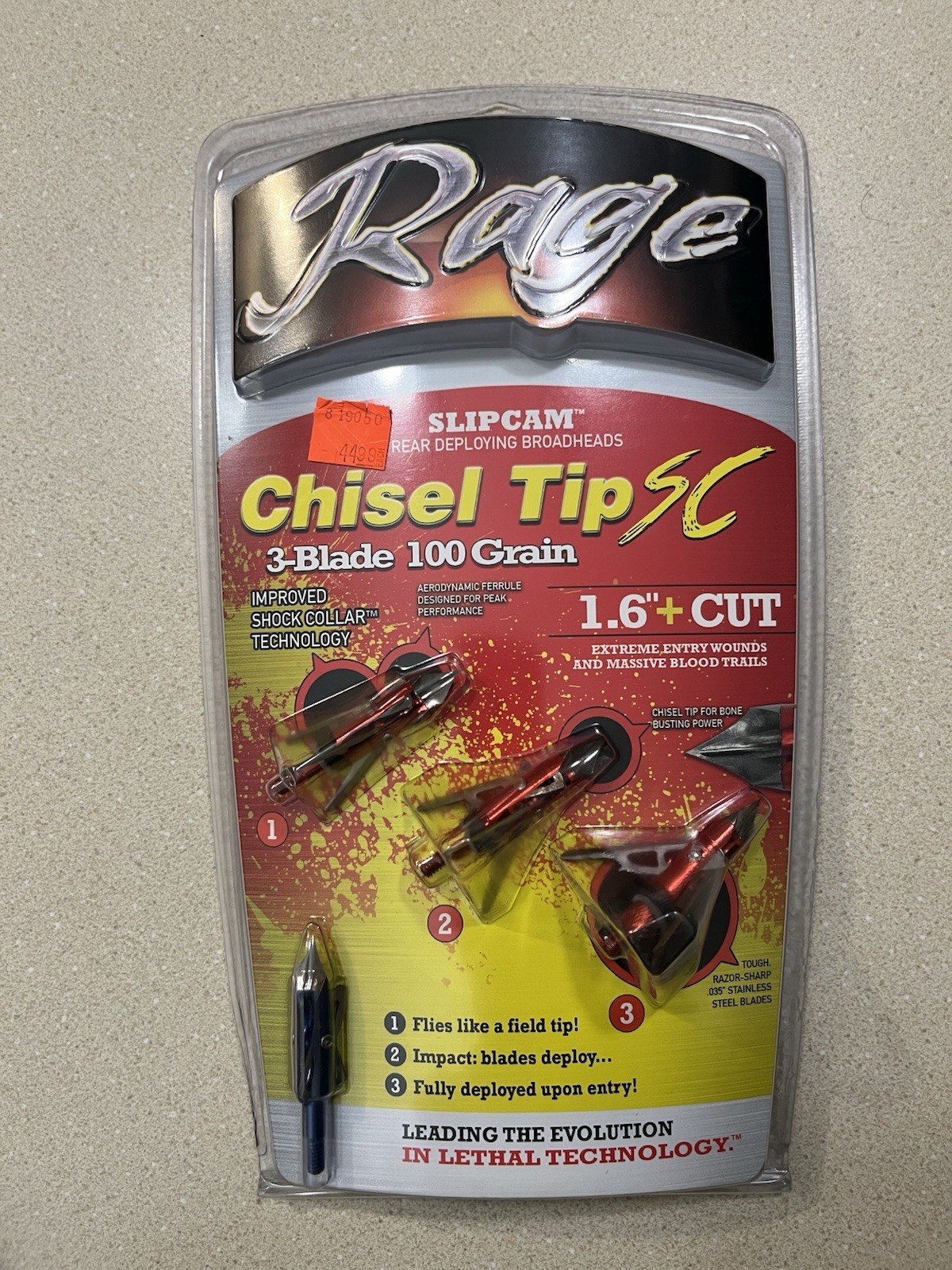 Rage Chisel Tip SC 3-Blade Broadhead 100 Grain 1.6" Cut 3 Pack New Sealed
