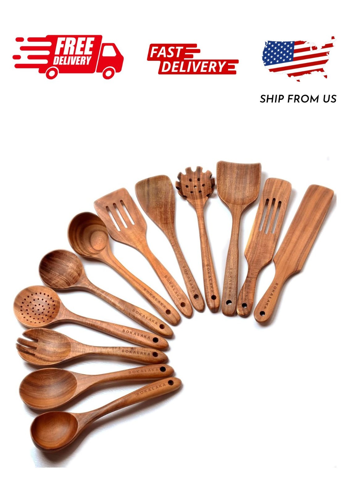 12 Pack Wooden Spoons for Cooking - Natural Teak Kitchen Utensils Set with Spatu