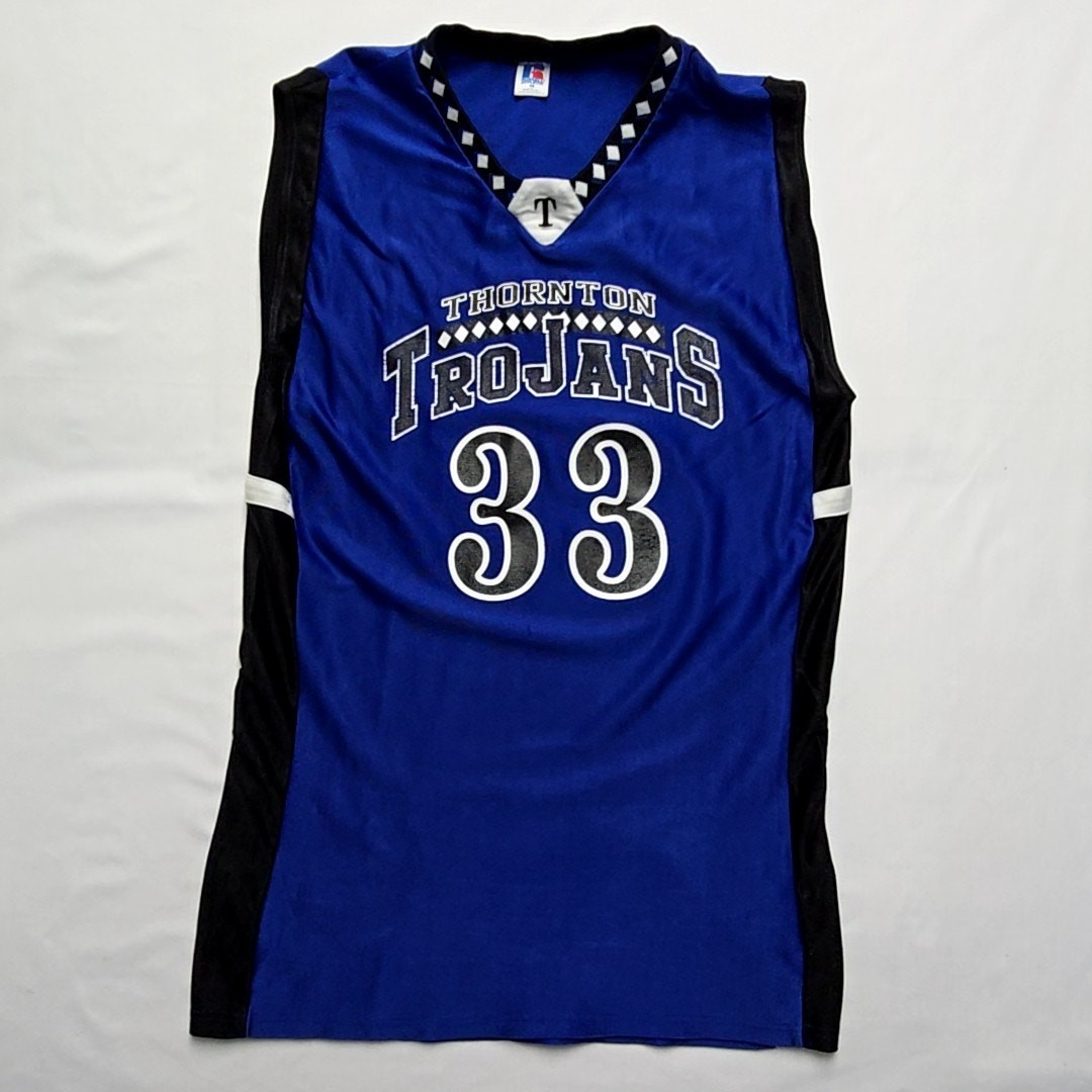 Vintage Russell Athletic Thornton Trojans Basketball Jersey Blue Sleeveless 46