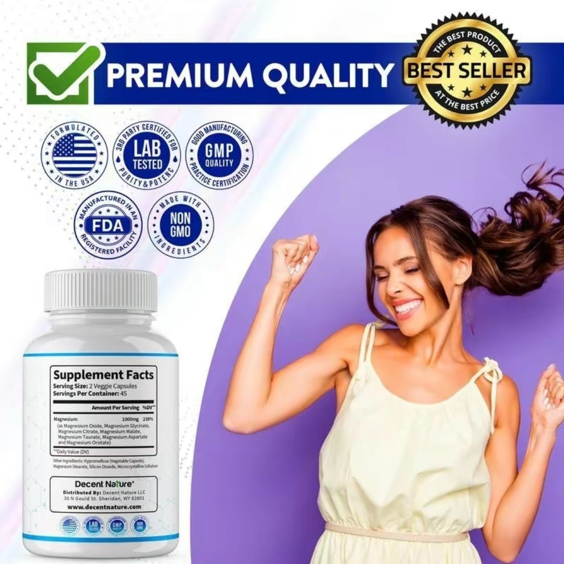 Decent Nature Magnesium Complex1000mg-7Elemental Magnesium Capsules
