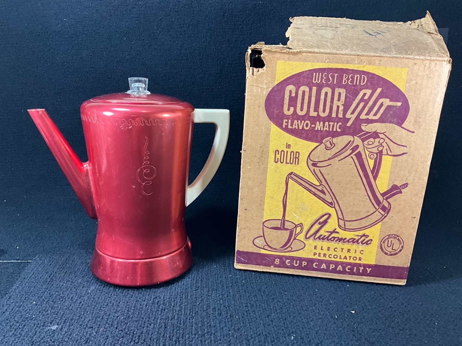 VINTAGE WEST BEND CHERRY RED COLOR GLO FLAVO-MATIC METAL COFFEE POT W/BOX