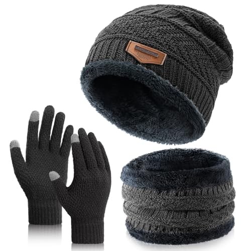 Winter Beanie Hat Circle Scarves Touchscreen Gloves Dark Grey: Hat+scarf+gloves
