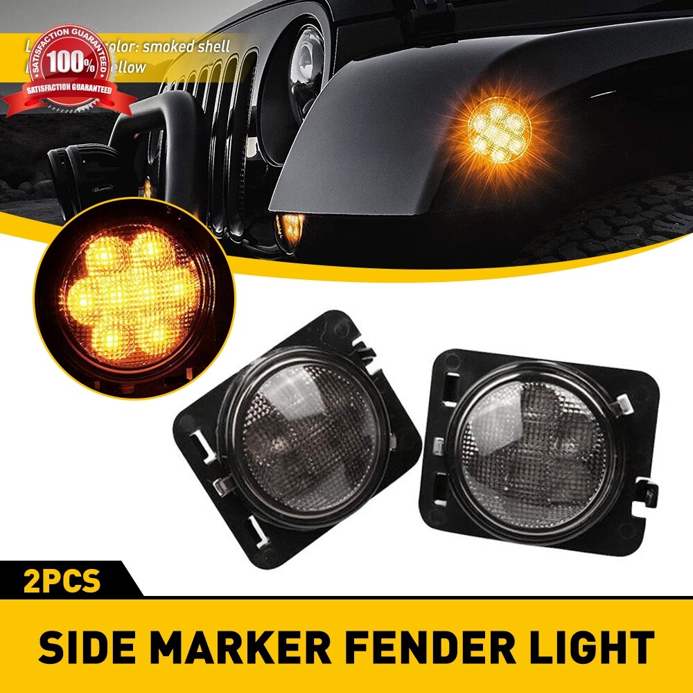 LED Side Marker Fender Lights Amber Smoked Lens For Jeep Wrangler JK 2007-2018