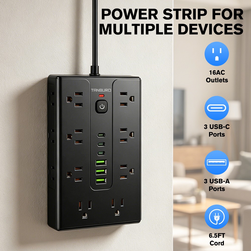 Flat Plug Power Strip with 16 Outlet Extension Cord USB Port Surge Protector