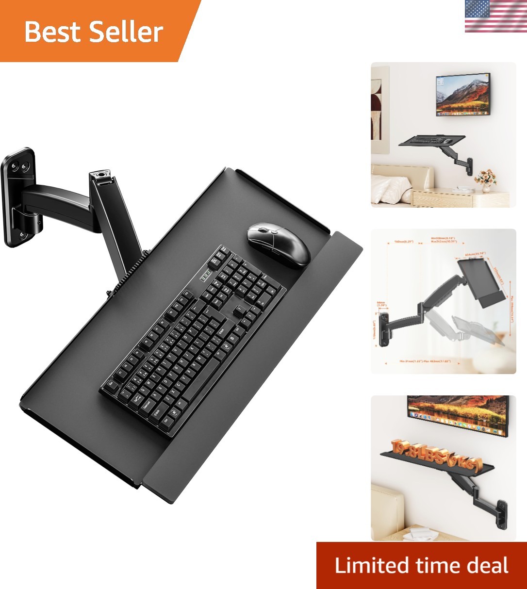Universal Wall-Mounted Keyboard Tray with Adjustable Height, 19.8 lbs Capacity