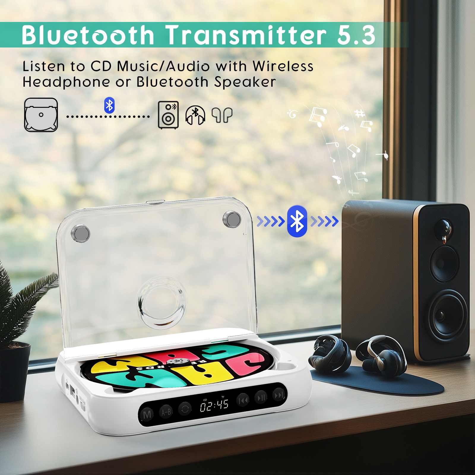 5V2A Bluetooth 5.3 Multi-function CD Player W/Wired Earphone CD/USB/3.5mm AUX