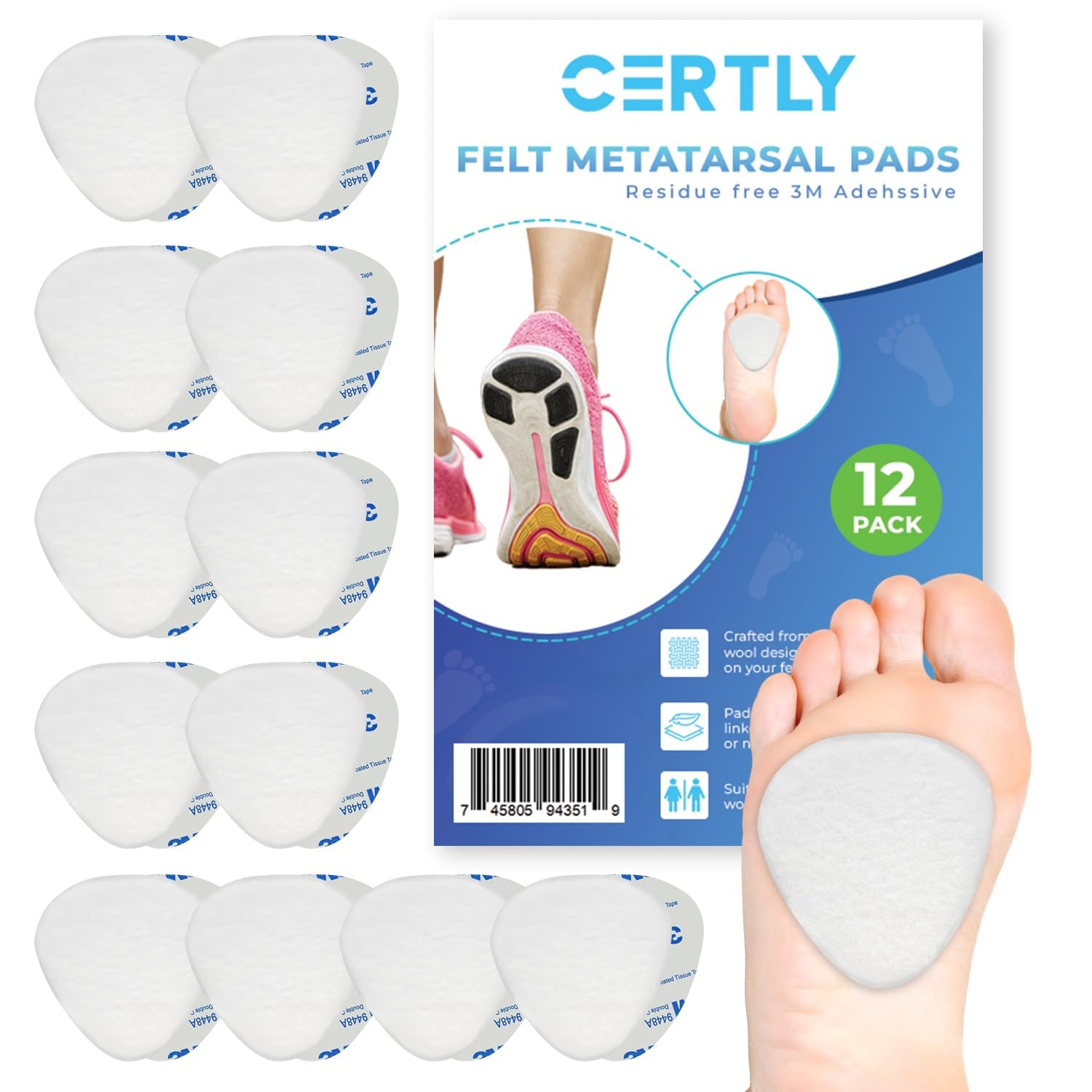 Metatarsal Foot Pads for Pain Relief, Foot Pain Relief Pads, Set of 12, 1/4" ...