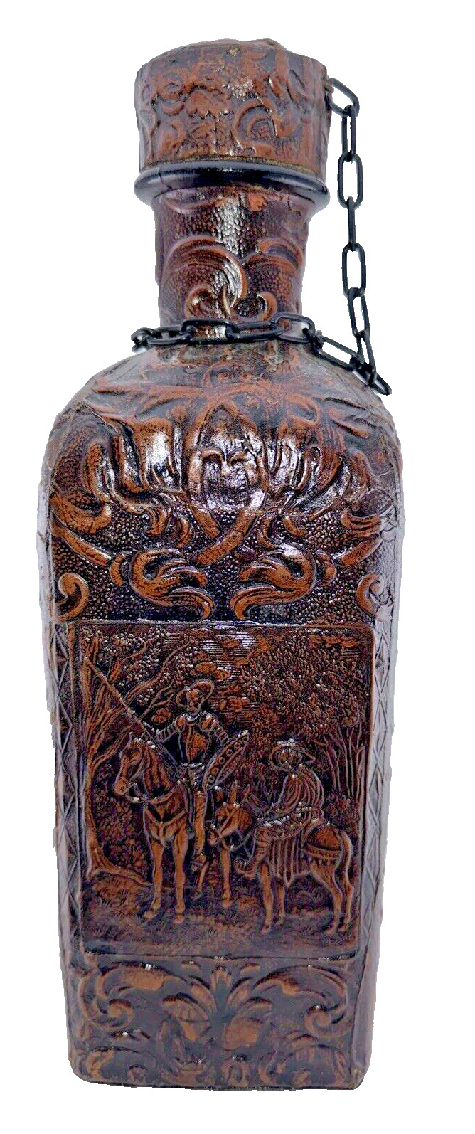 Decanter Bottle Hand Tooled Leather Covered Vintage Brown Empty Liquor Wine