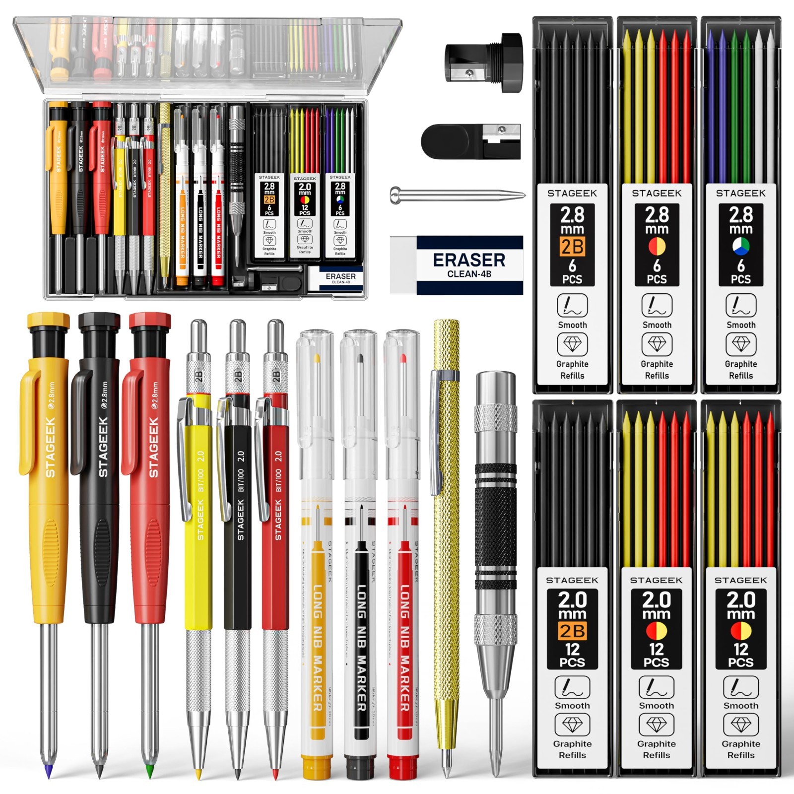 22 Pack Carpenter Pencil Set with Sharpener, 60 Refills, Long-Nib Marker & Scrib