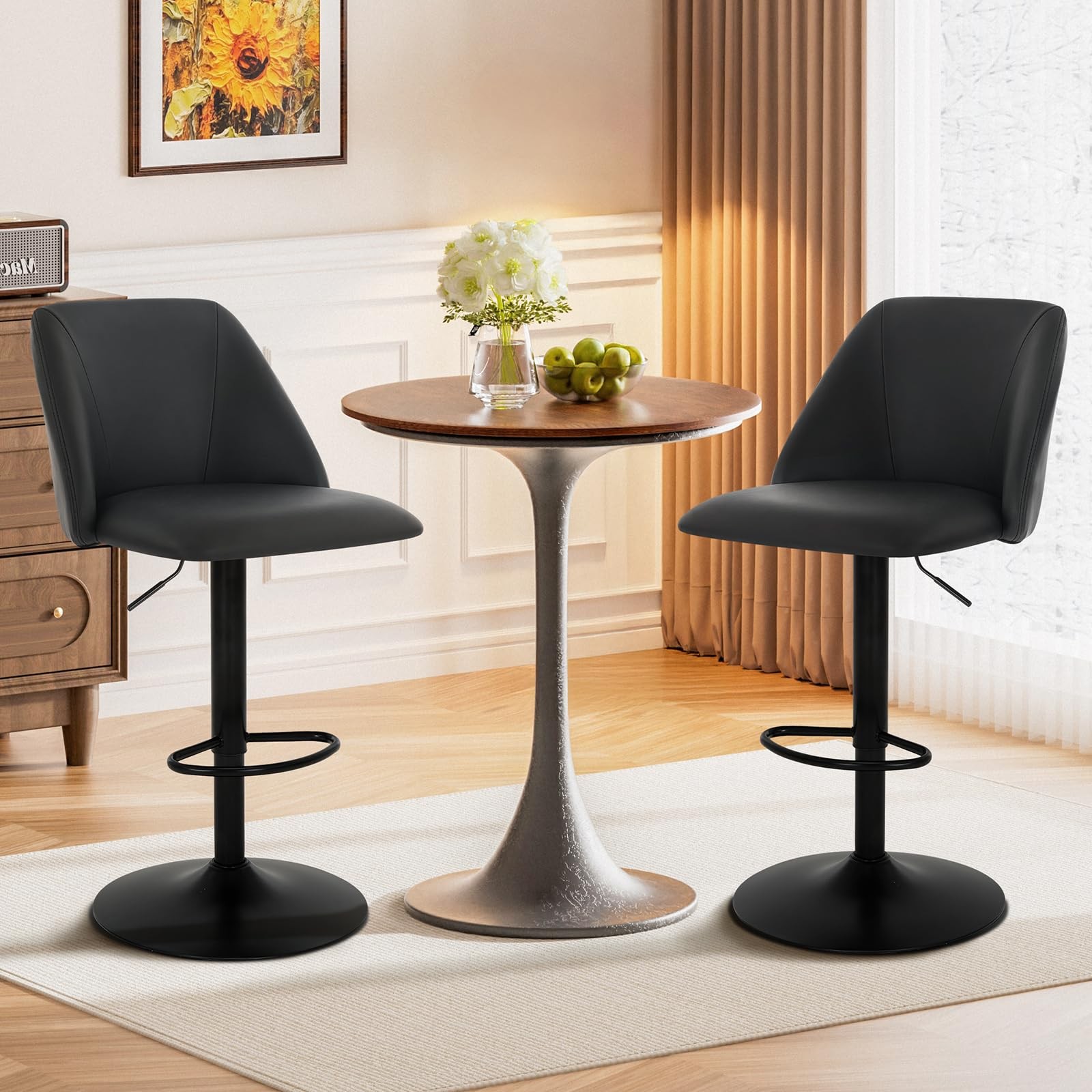 Adjustable Bar Stools, Modern PU Leather Bar Chairs with Curved Mid-Back, 360...