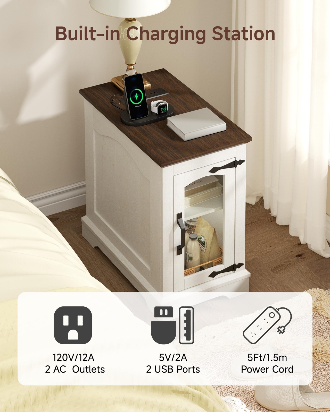 Narrow Side Table with Charging Station, 13.8" W, 2 AC Outlets & 2 USB Ports