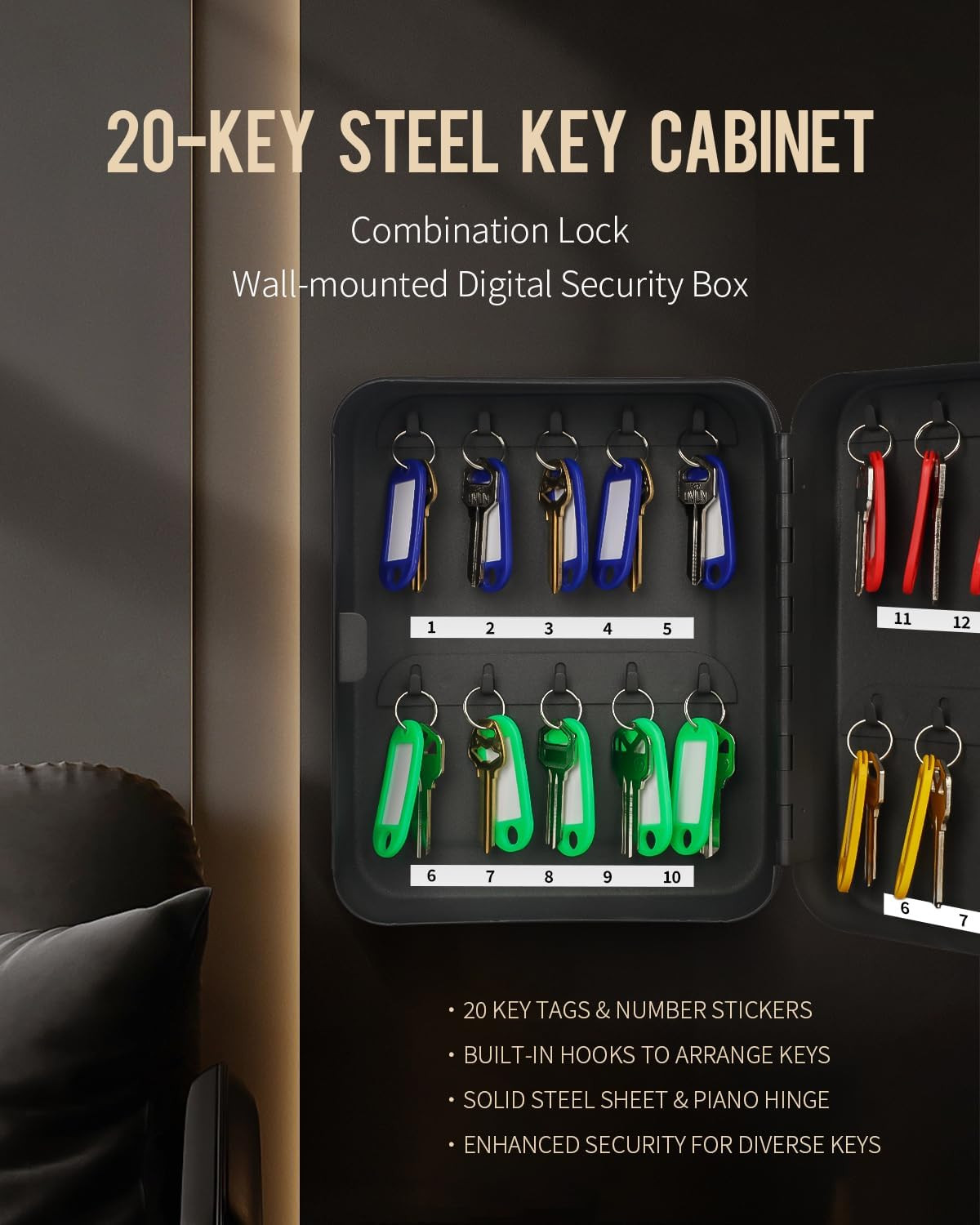 20 Position Key Cabinet with Combination Lock Resettable Black Digital Security