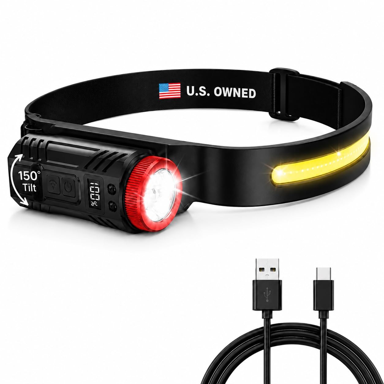 Rechargeable LED Headlamp, 350 Lumens One Size Fits All, Black, Red, Yellow