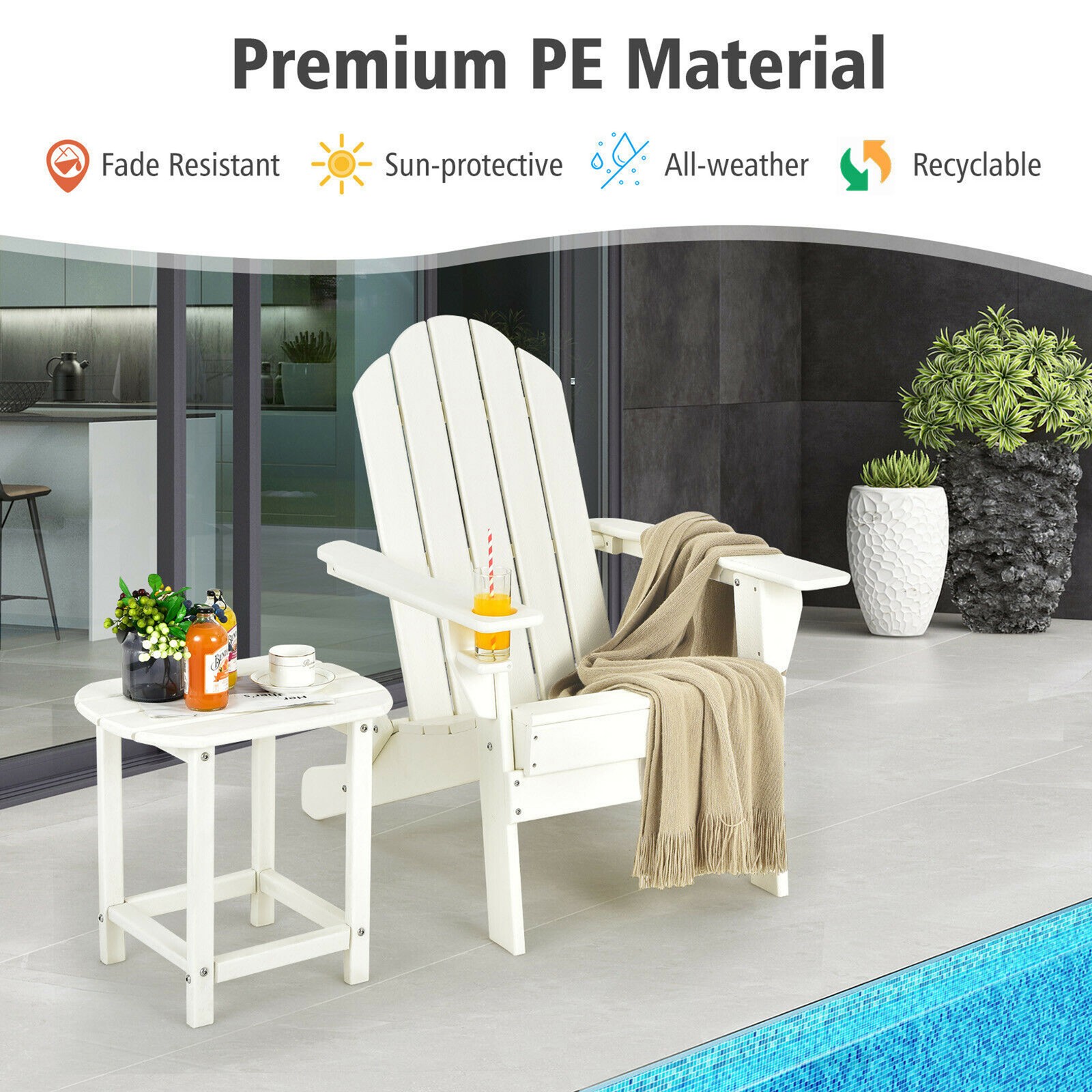 2PC Patio Folding Adirondack chair Side Table Cup Holder Poolside White