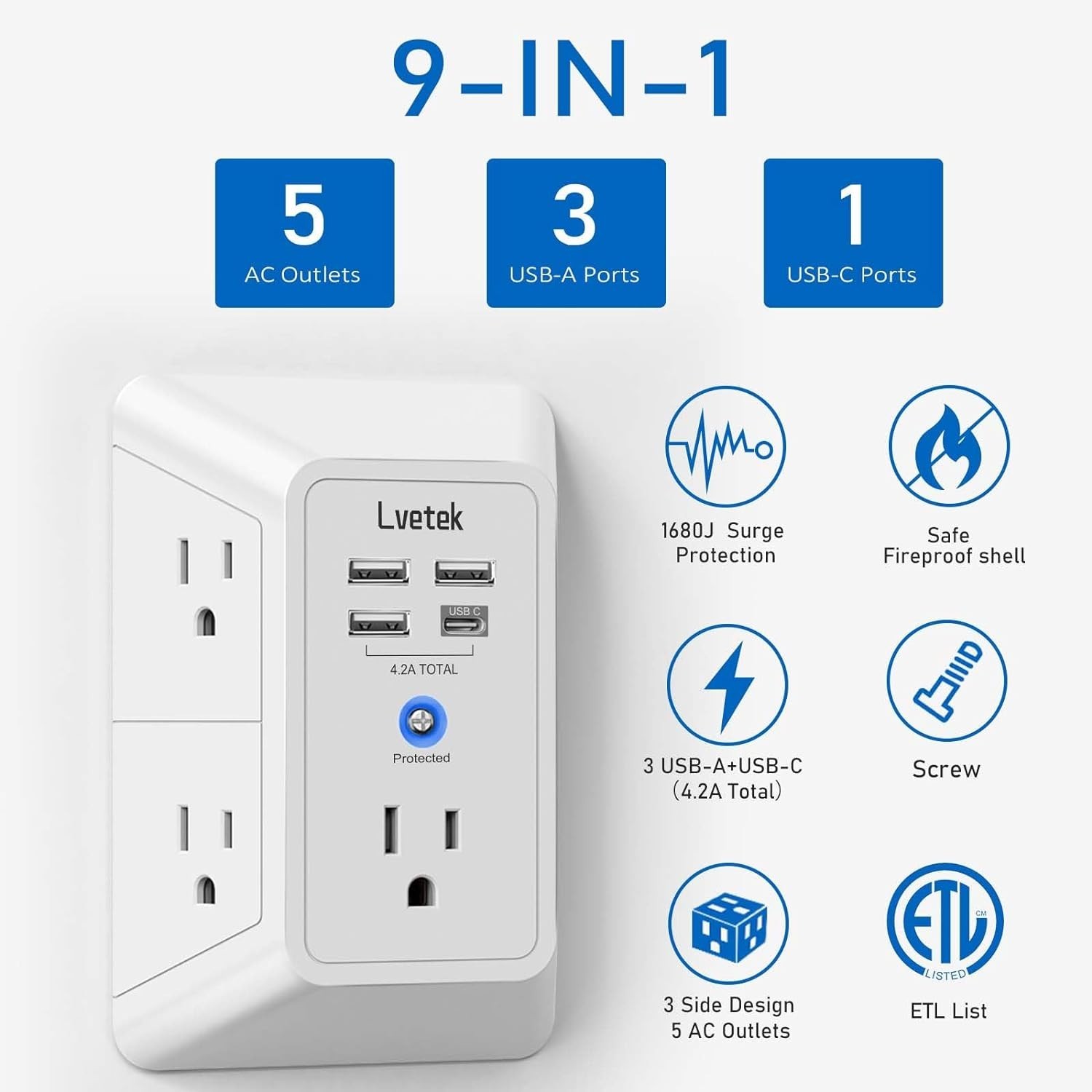 Compact 5-Outlet Multi-Plug Extender with 4 USB Ports & 1680J Surge Protection