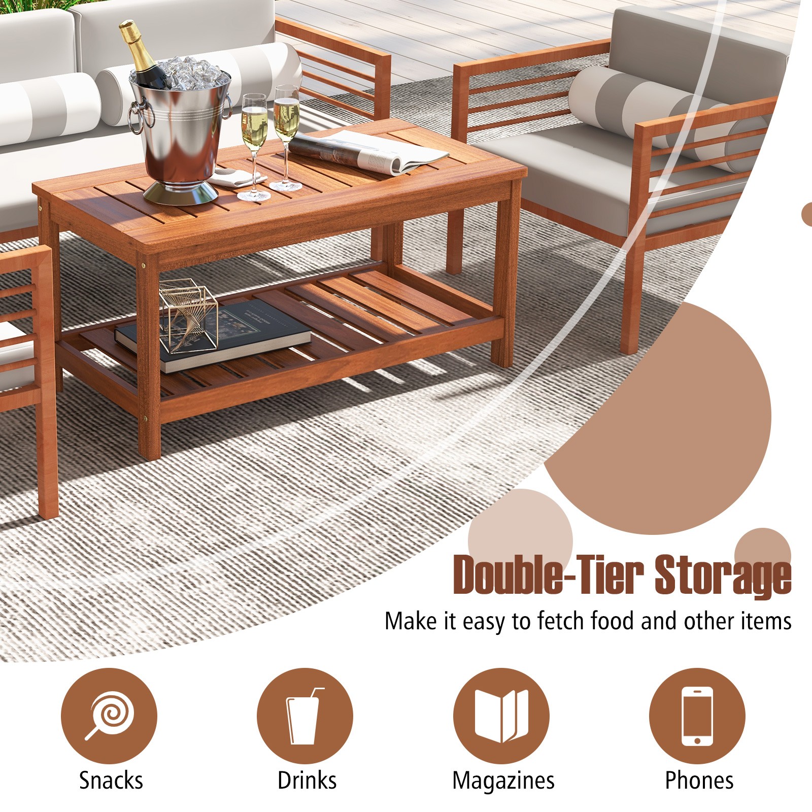 2-Tier Outdoor Side Rectangle Side Table Patio Coffee Table Solid Wood Porch