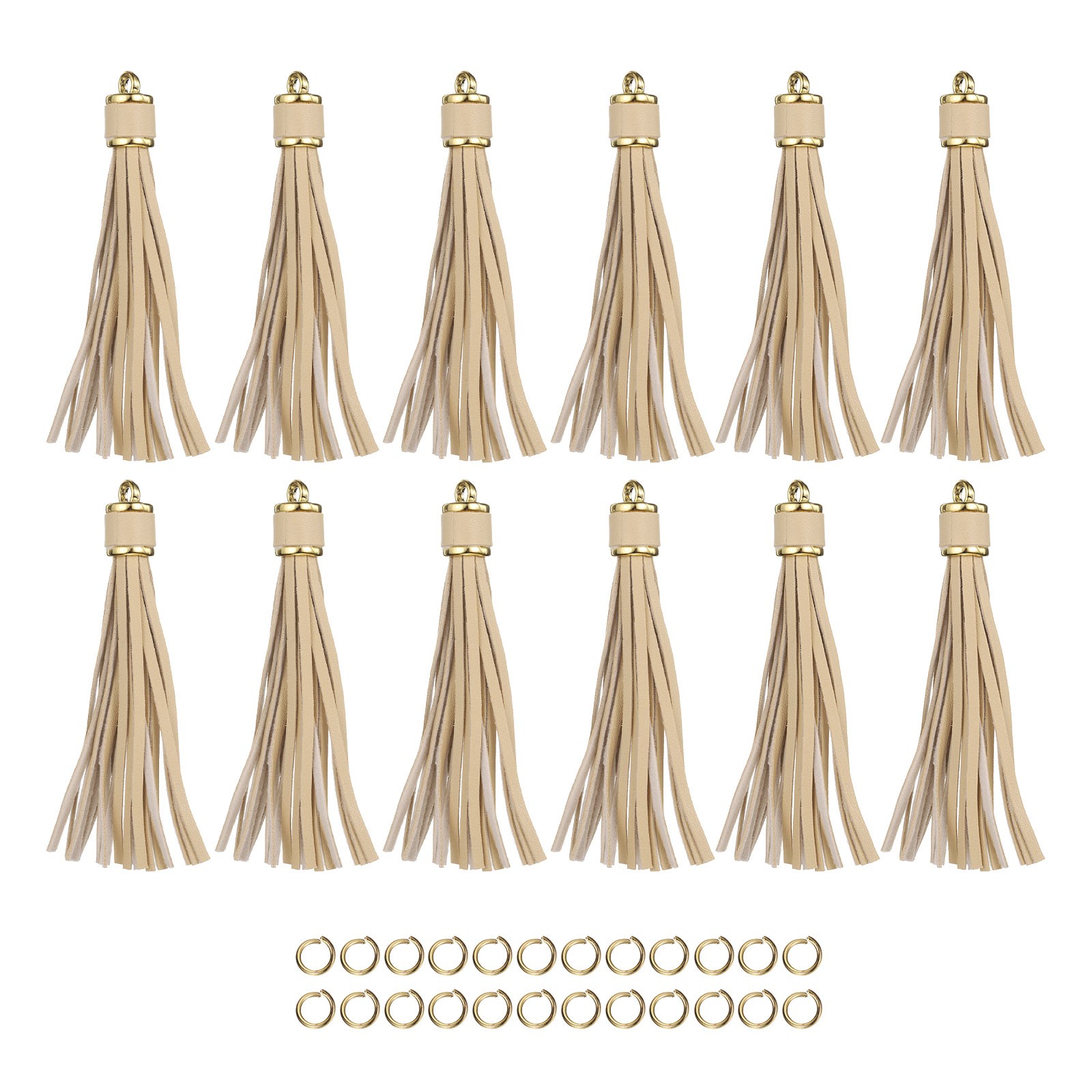 12pcs PU Leather Tassels, 4.3" Keychain Tassel with Small Rings(Beige )