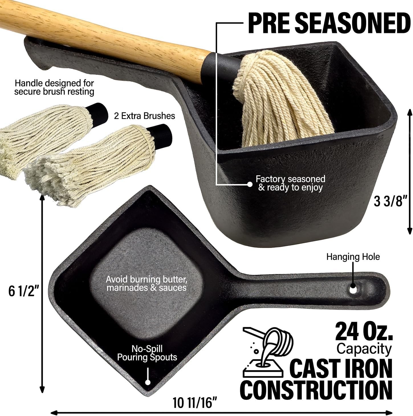 Cast Iron Sauce Pot with BBQ Mop Brush – Small Basting & Mop...