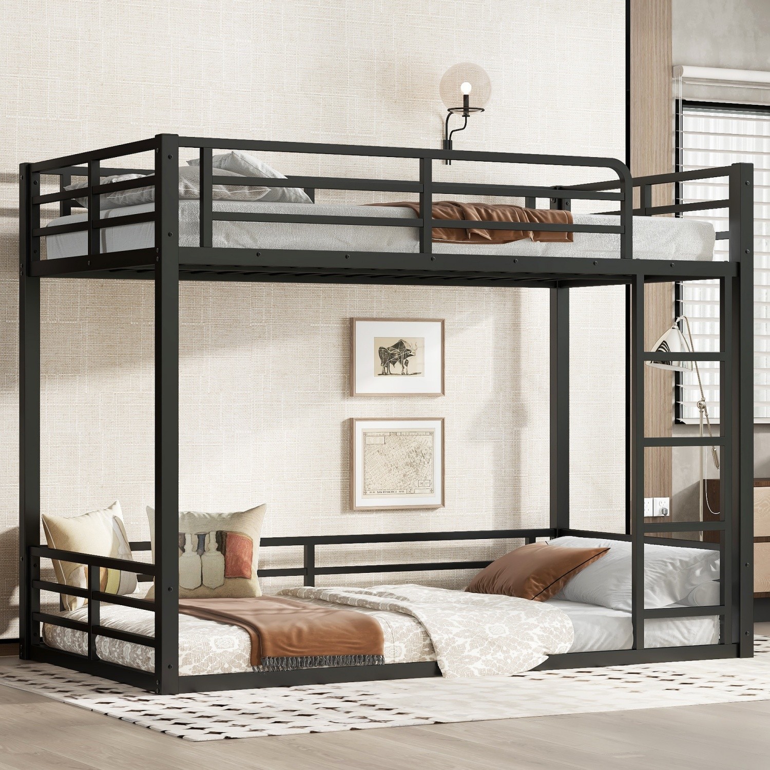 Twin XL Over Twin XL Bunk Bed Metal Frame w/ Ladder for Kids Teens Black