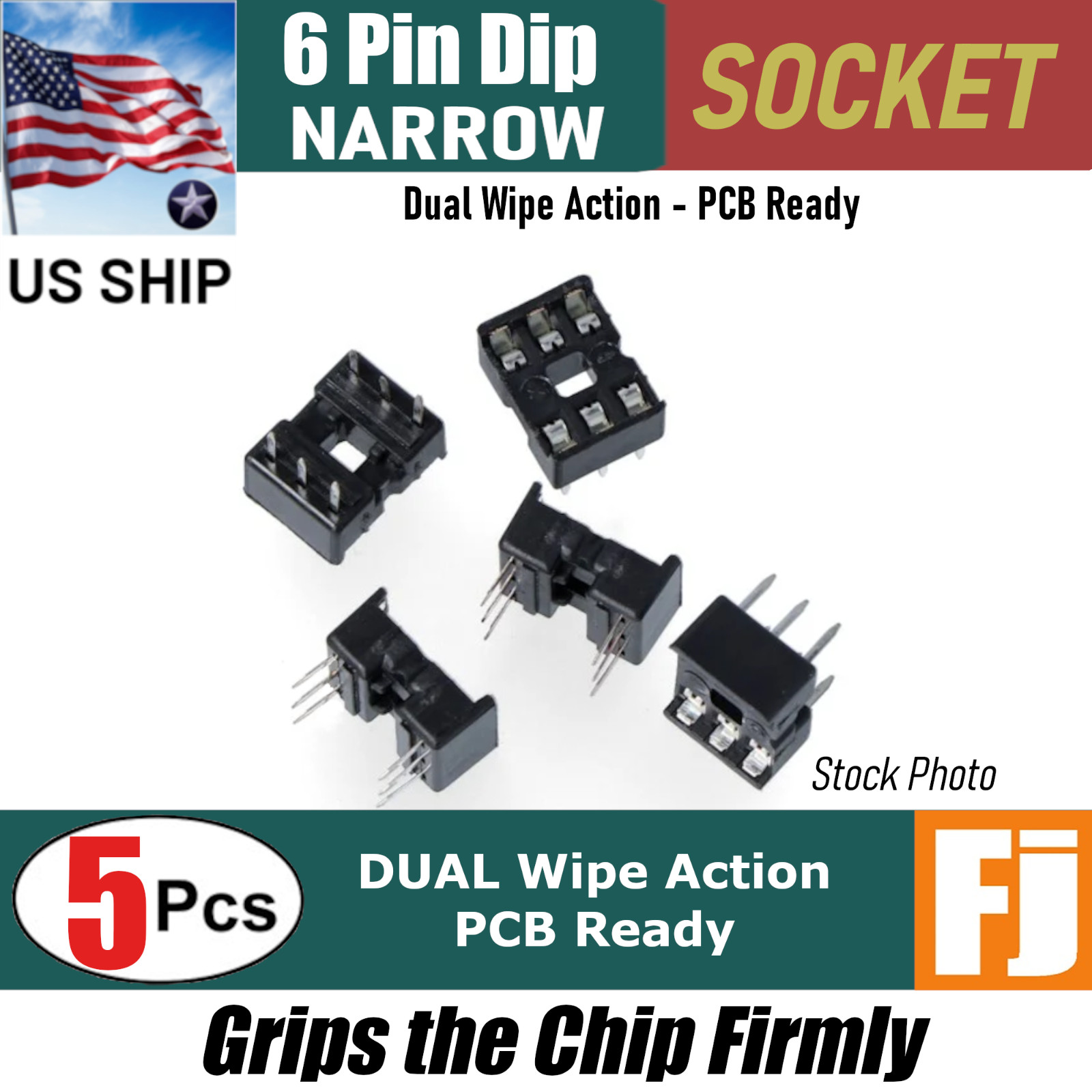 5 Pcs 6 Pin DIP IC Socket Adaptor Solder PCB-Mount | Dual Wipe | US Ship