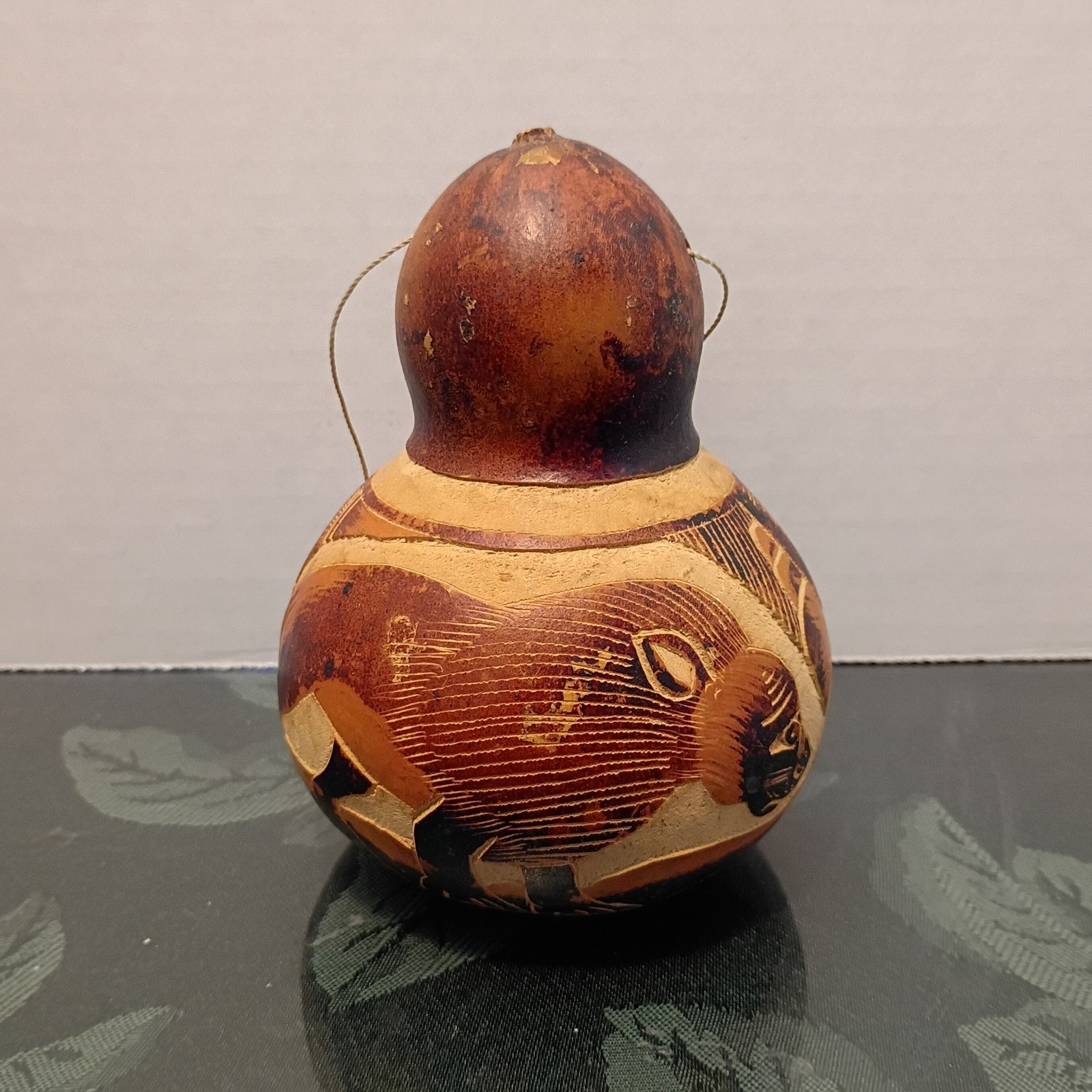 Gourd Folk Art Hand Carved Brown Natural Gourd 5" Tall Peru
