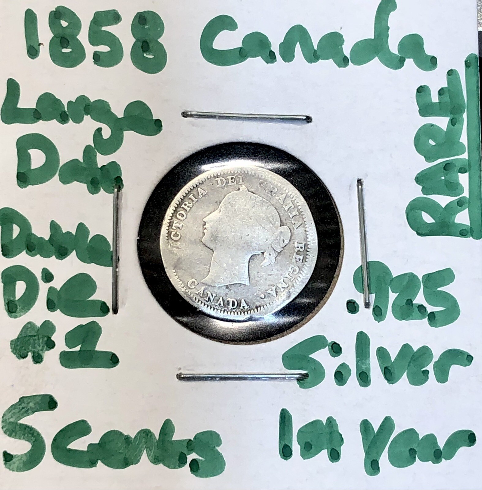 Rare 1858 Canada 5 Cents Large Date Double 8 #1 First Year .925 Silver Scarce