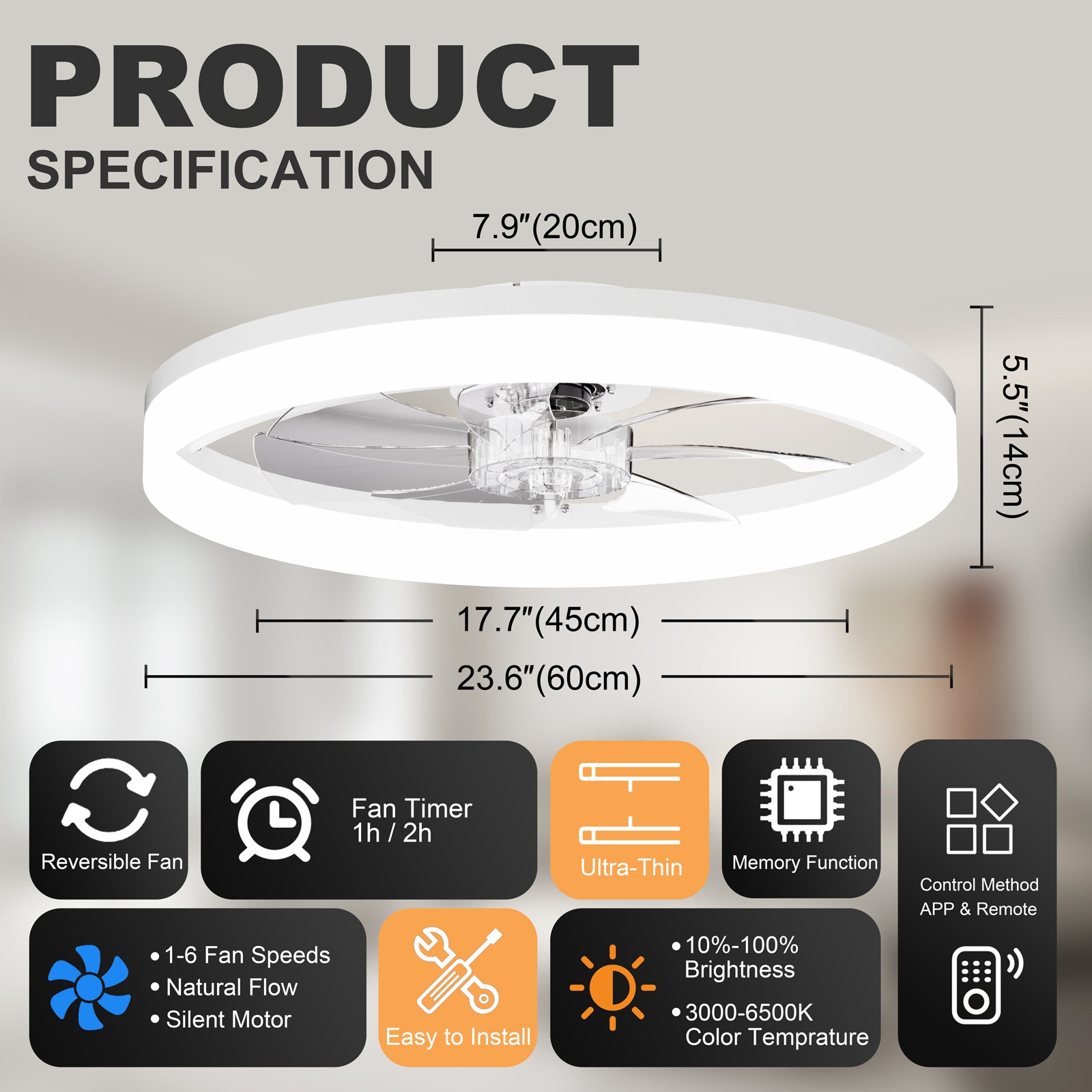 Ultra-Thin White Ceiling Fan Light with Remote & App Control, 23.6"