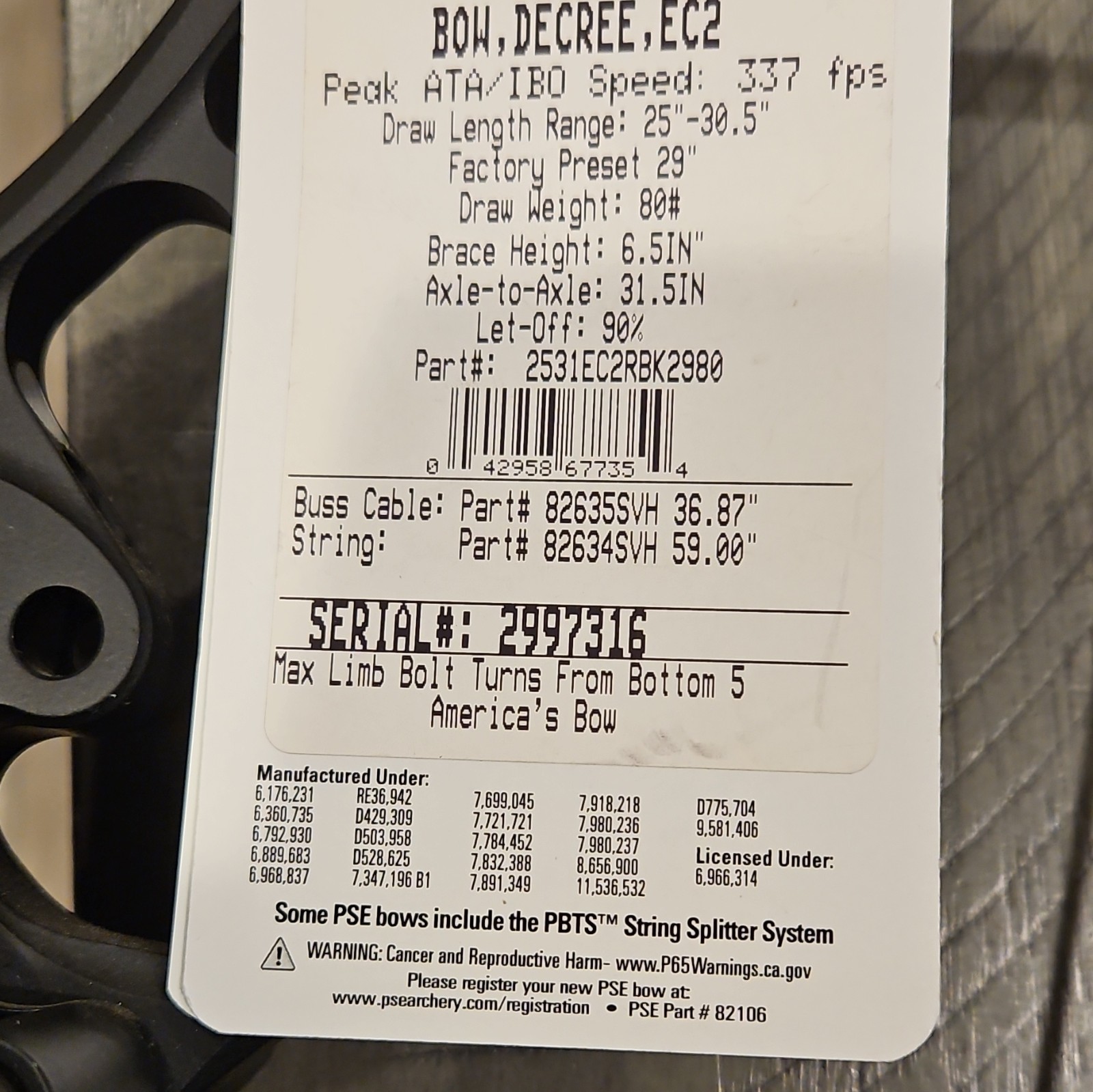 PSE Decree EC2 Right Hand Compound Bow 80 lb 25-30.5in Draw 31.5in Black