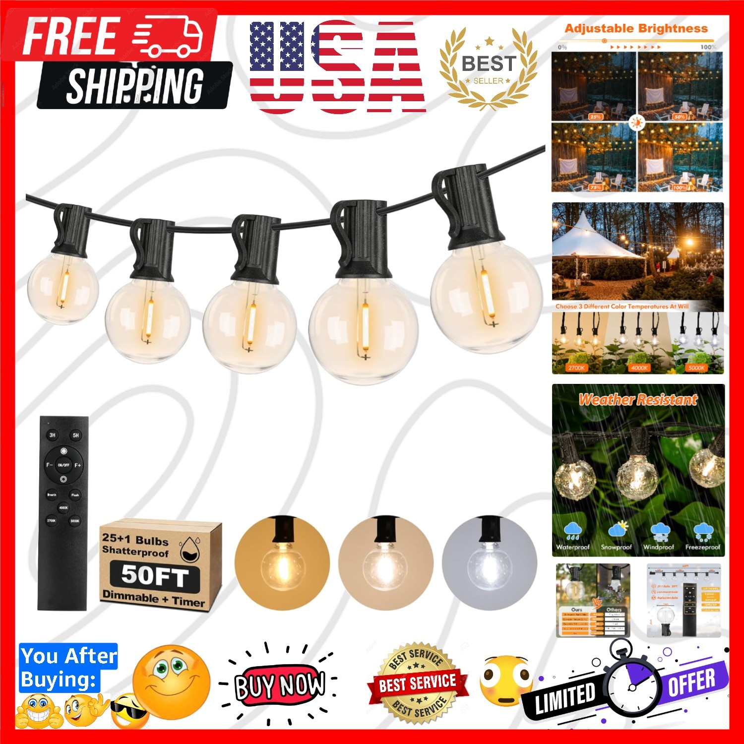 50FT Outdoor String Lights with 3 Color Lights, Dimmable G40 Globe String Lig...