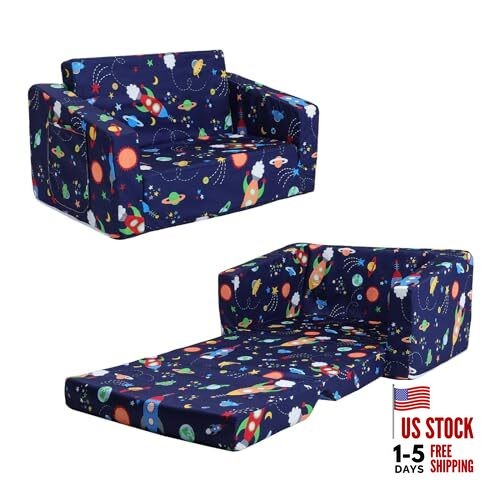 Kids Couch Convertible Sofa to Lounger for Toddler Boy, Foldable 2-in-1 Rocket