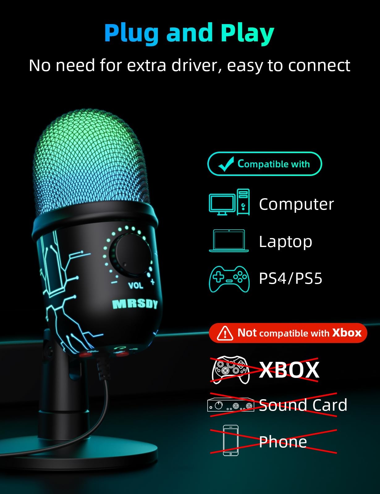 Gaming Microphone, USB Computer Microphone for PC, Mac, PS4/5, Condenser Podc...