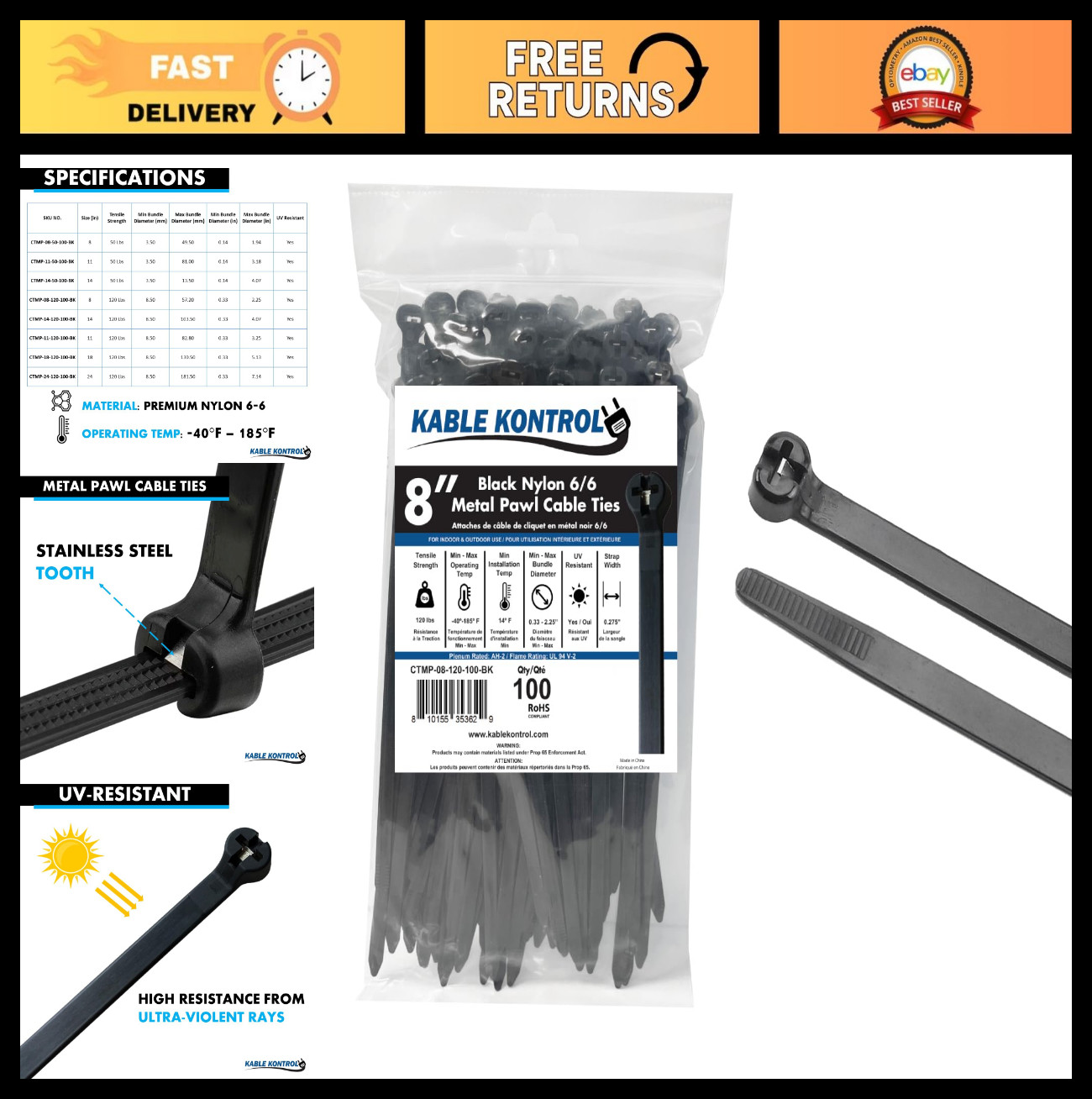 Heavy-Duty 8" Cable Ties, 100 Pcs, 120 Lbs Strength, UV Resistant, Self-Locking