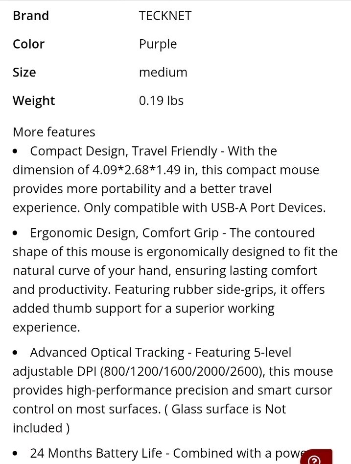 TECKNET Wireless Mouse 2.4G Cordless Optical Computer/Laptop Mouse PURPLE tech