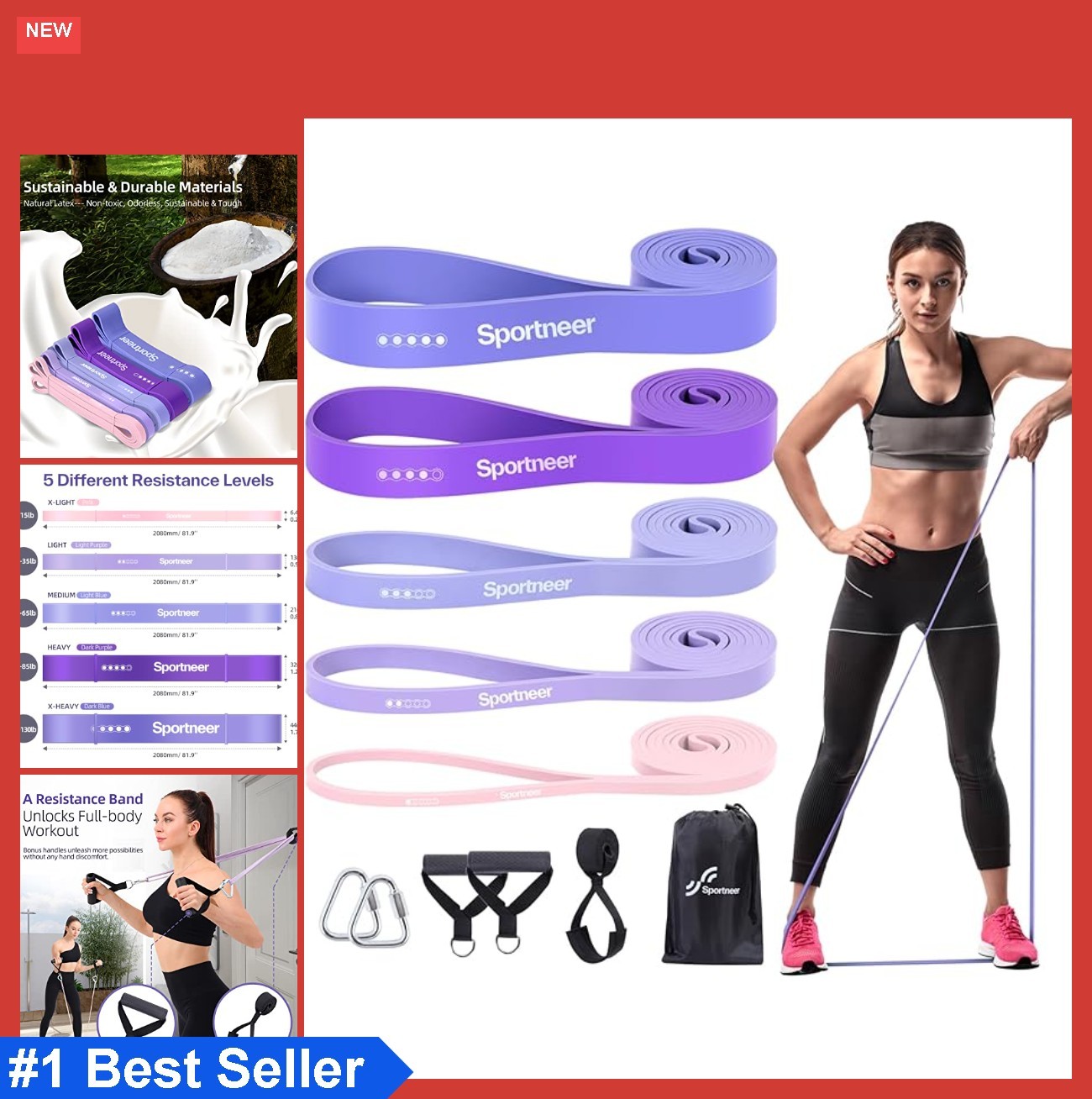 Resistance Bands Set 5 Levels 5-130lb with Handles Door Anchor for Pull Up