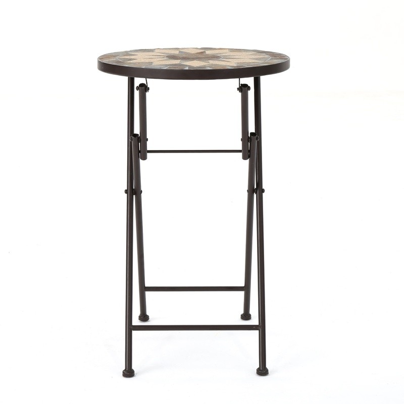 Foldable Outdoor Stone Side Table W/ Iron Frame Unique Patio Accent Table New