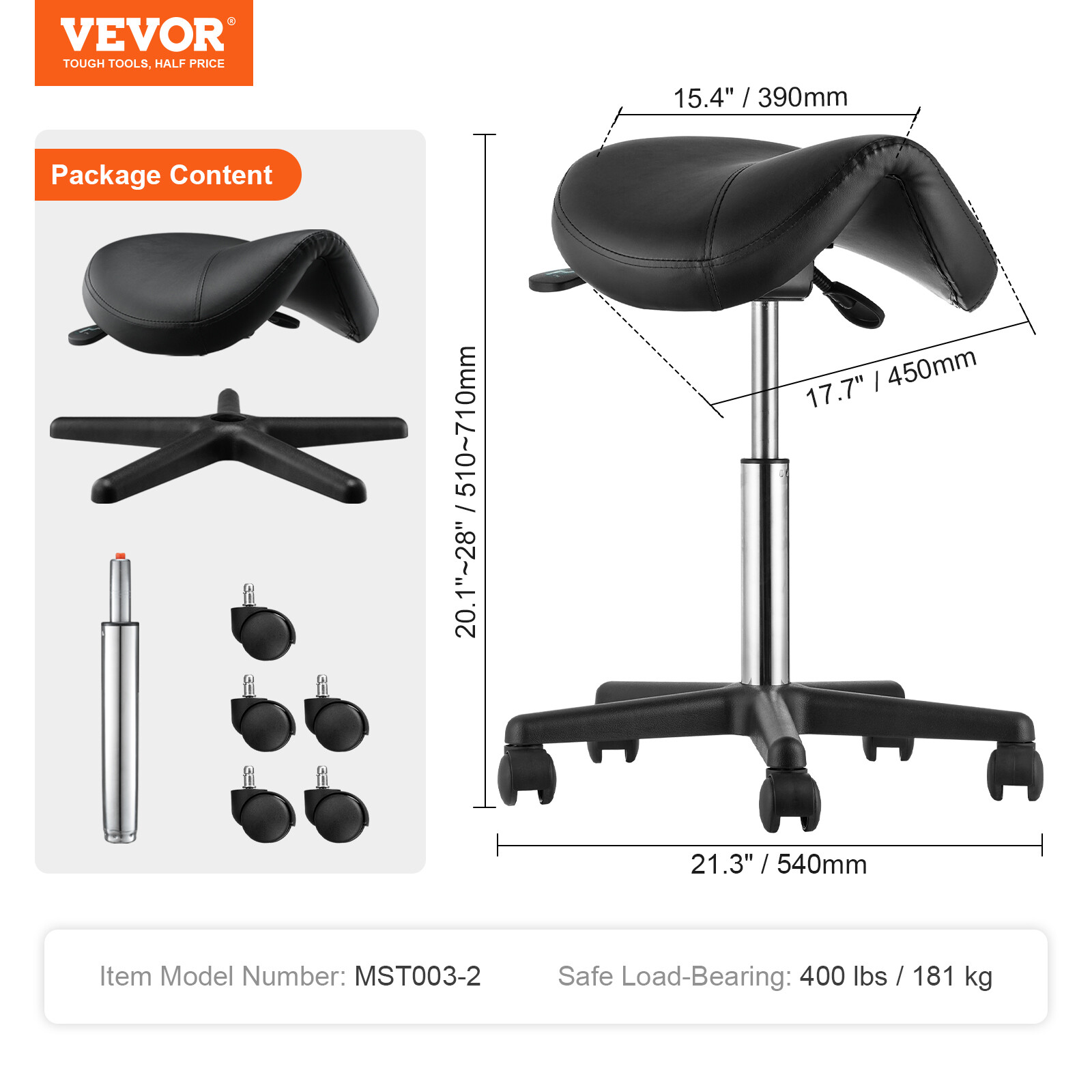 VEVOR Saddle Stool Rolling Chair Saddle Chair with Wheels Thickened PU Leather