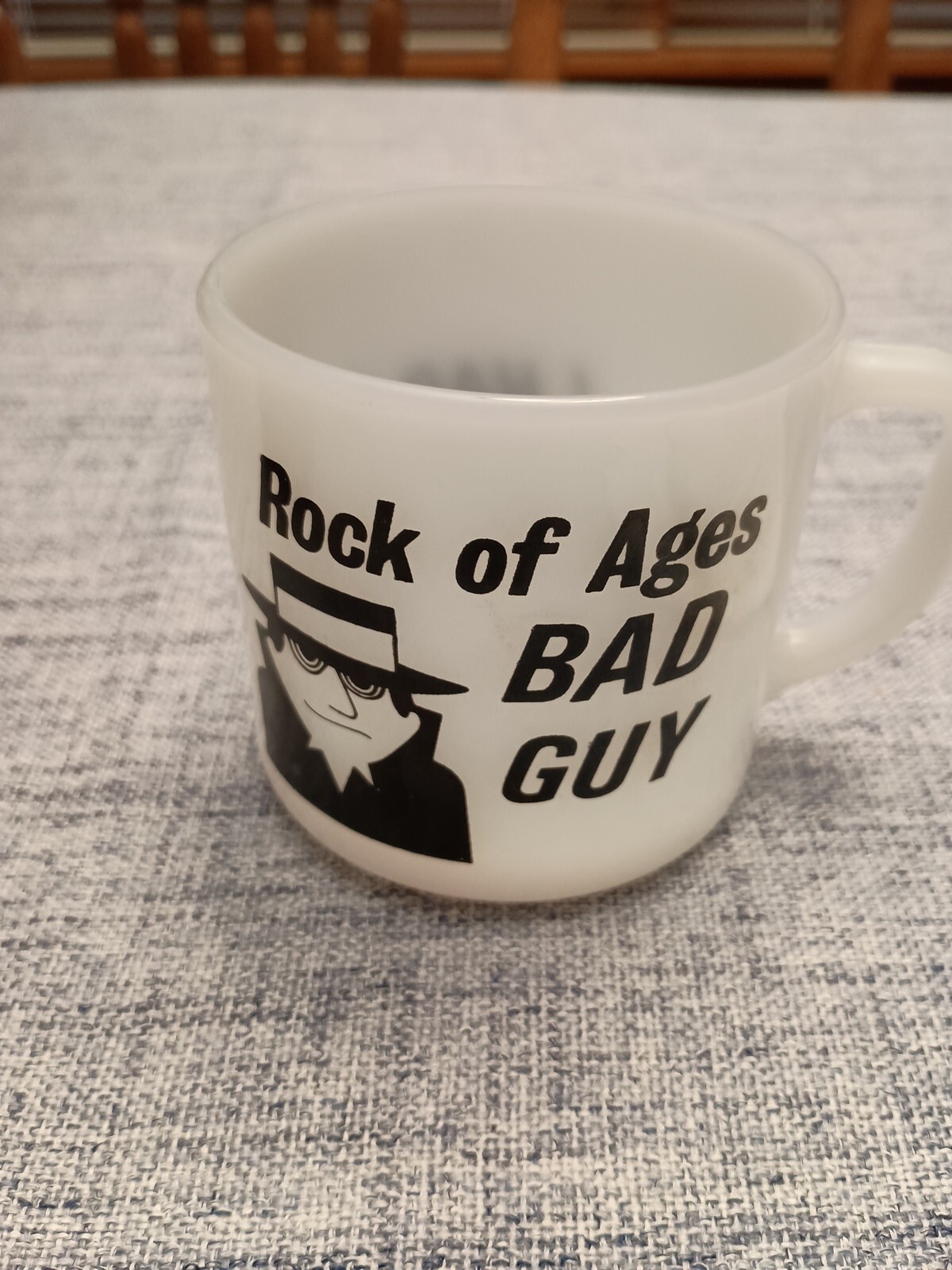 VTG  Federal Milk Glass Mug I'm a Rock of Ages Bad Guy/Had a bad idea unused