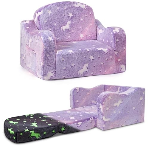Thick Comfy Toddler Chair and Couch for Kids,2-in-1 Soft Flannel Purple Pony