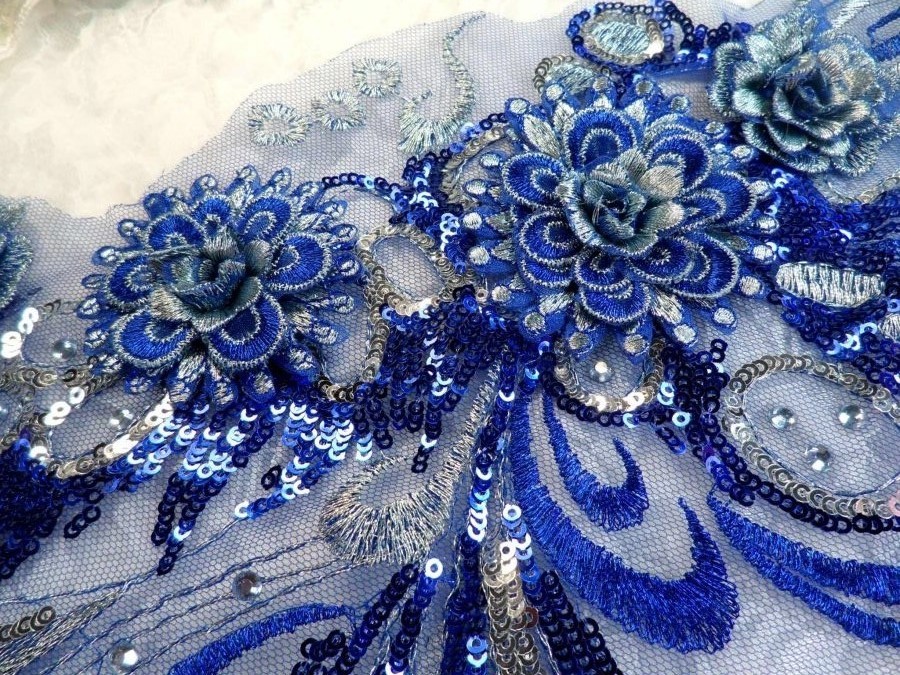 Embroidered 3D Applique Blue Silver Floral Sequin Patch 20" (DH71)