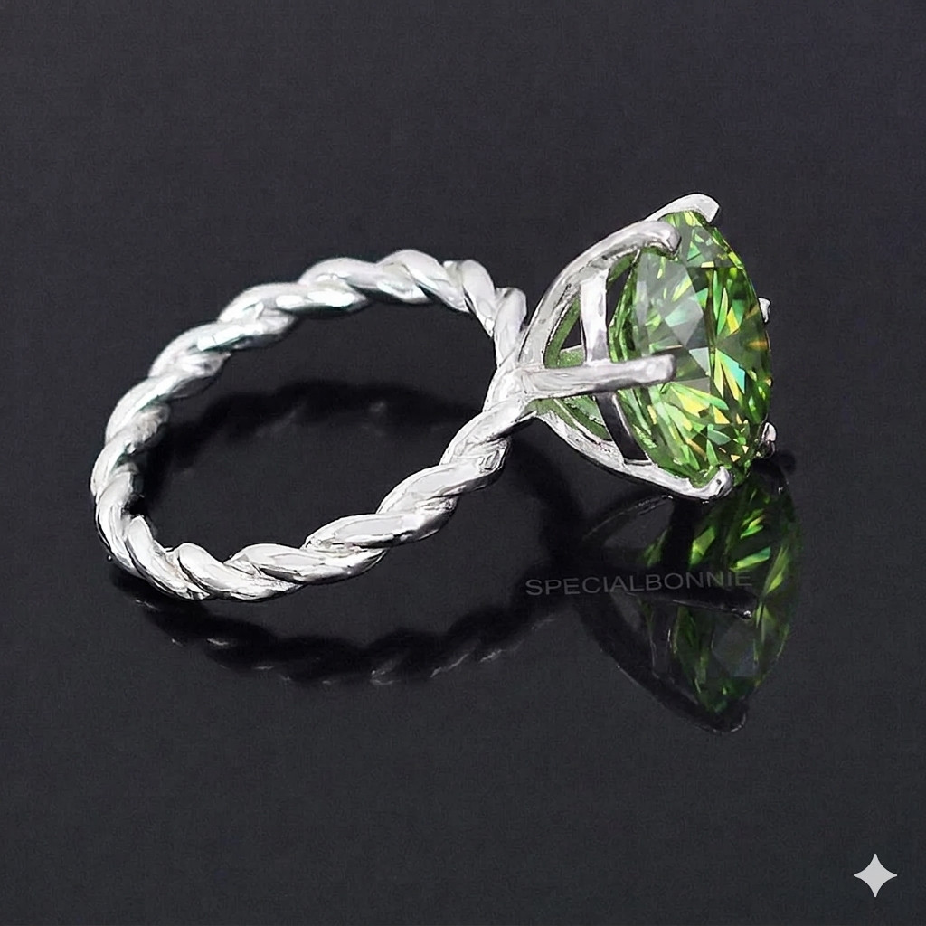 6.00 Ct Certified Leaf Green Diamond Ring, Free Diamond Studs