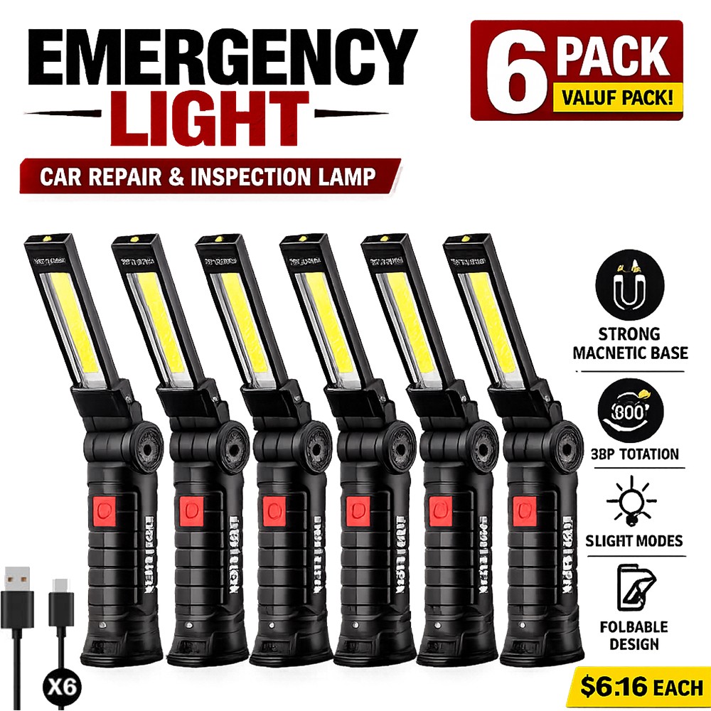 6xWork Light Rechargeable Garage Workshop LED Light Magnetic Mechanic Flashlight